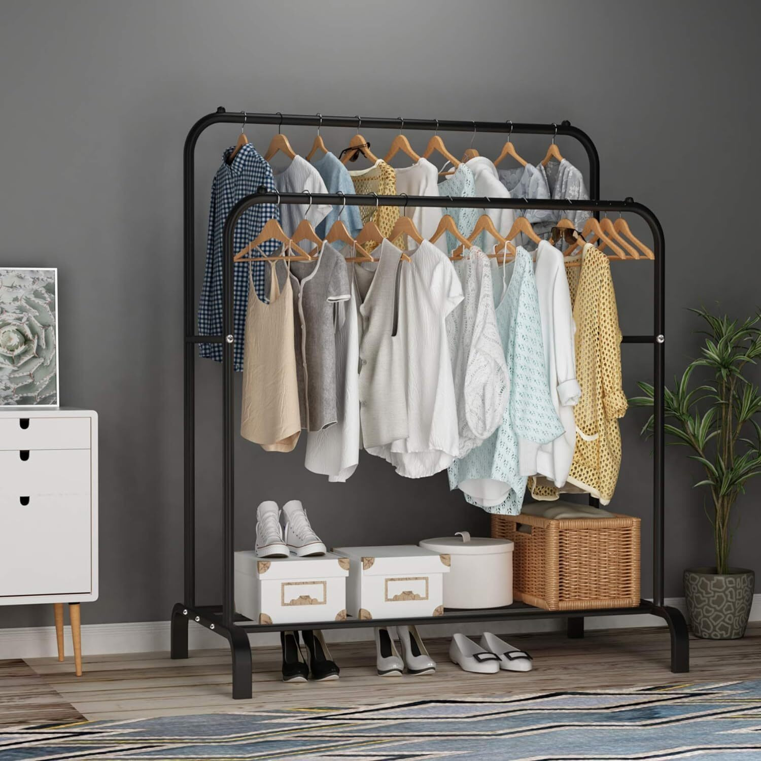 Lukzer Multi-Functional Cloth Stand With Wheels & Bottom Shelves  Metal Rack For Hanging Clothes, Coats, And Hats  Diy Storage Solution (148 X 120 X 38 Cm, Black)