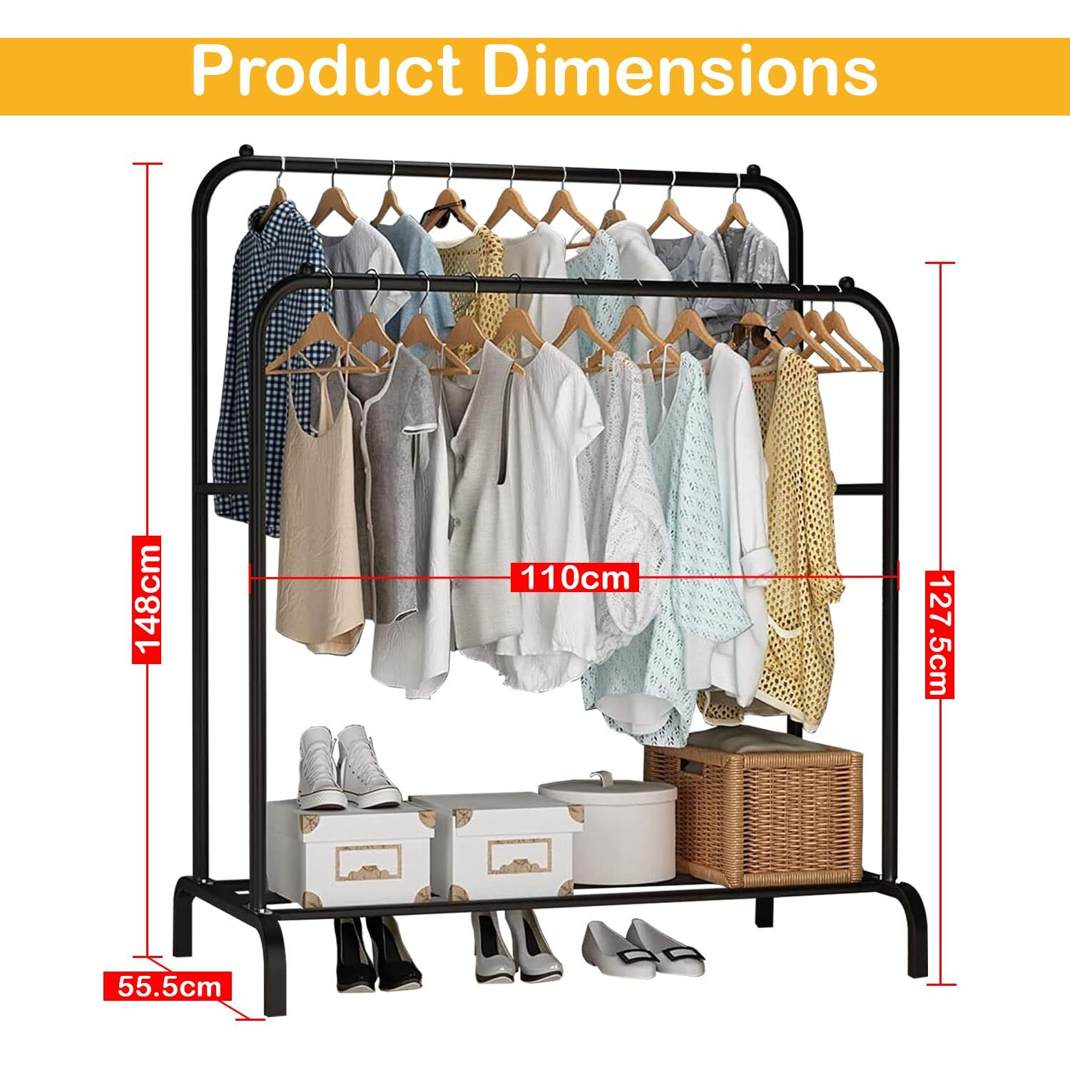 Lukzer Multi-Functional Cloth Stand With Wheels & Bottom Shelves  Metal Rack For Hanging Clothes, Coats, And Hats  Diy Storage Solution (148 X 120 X 38 Cm, Black)