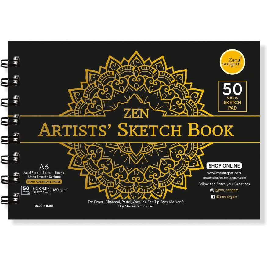 Zen Sangam Artists - A6 Spiral Sketchpad Drawing Notebook - 160 Gsm - Ultra Smooth Surface - 50 Sheets (100 Pages) - Size (14.8X10.5Cm) - Wiro Sketchbook