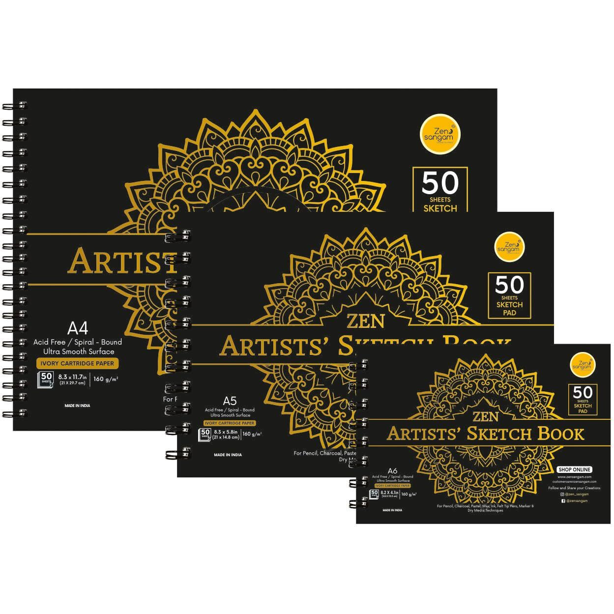 Zen Sangam Artists - Spiral Sketchpad Drawing Notebook Combo (A4, A5, A6) - 160 Gsm - Ultra Smooth Surface - 50 Sheets (100 Pages) Each - Size (29.7X21Cm, 21X14.8Cm, 14.8X10.5Cm) - Wiro Sketchbook