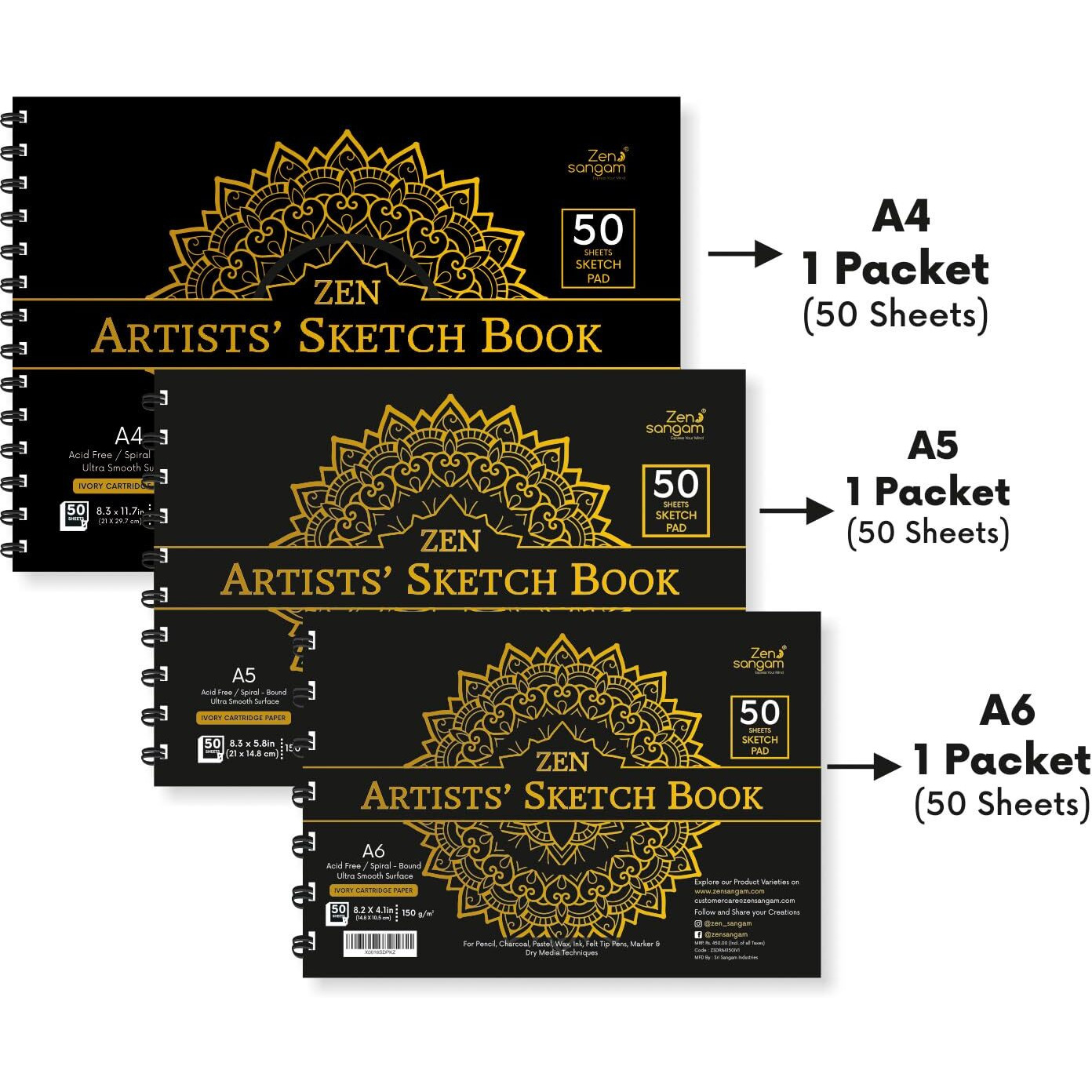 Zen Sangam Artists - Spiral Sketchpad Drawing Notebook Combo (A4, A5, A6) - 160 Gsm - Ultra Smooth Surface - 50 Sheets (100 Pages) Each - Size (29.7X21Cm, 21X14.8Cm, 14.8X10.5Cm) - Wiro Sketchbook