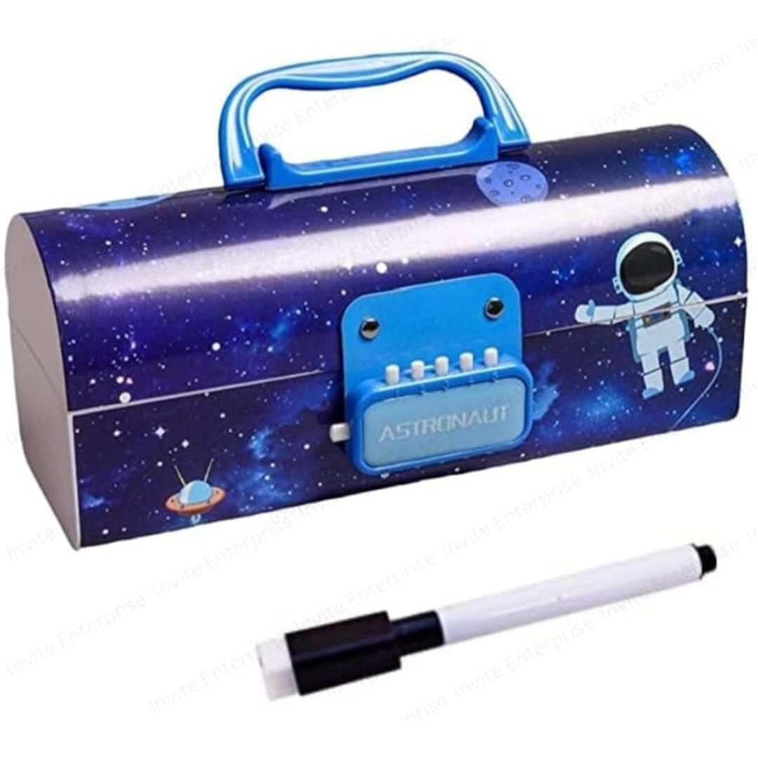 Invite Enterprise Plastic Kids Pen & Pencil Box, Suitcase Style Password Lock Pencil Case, Multi-Layer Pencil Box For Kids, Stationary Organizer Case For Kids, Return Gift For Kids (Astronaut-Blue)