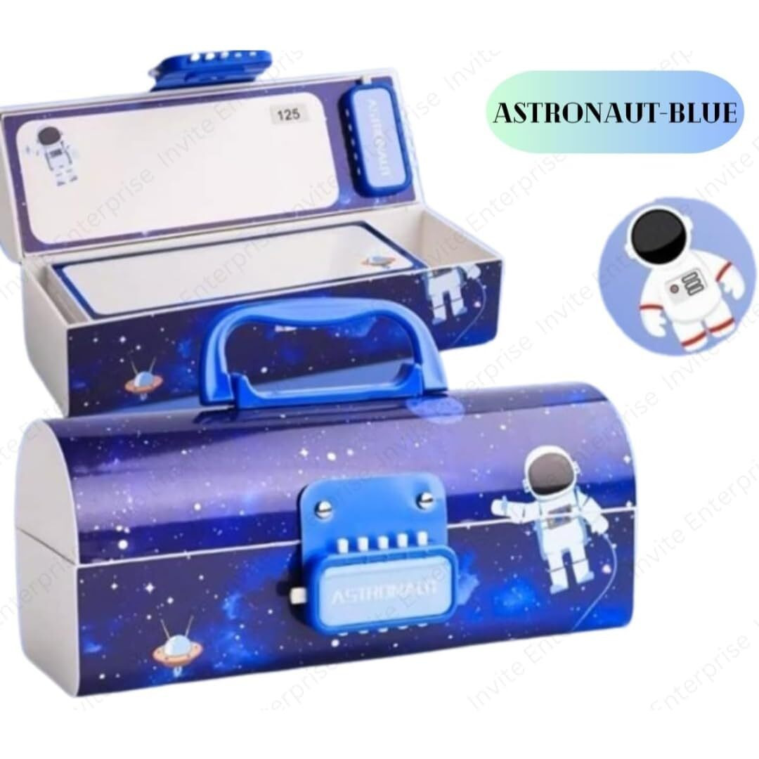 Invite Enterprise Plastic Kids Pen & Pencil Box, Suitcase Style Password Lock Pencil Case, Multi-Layer Pencil Box For Kids, Stationary Organizer Case For Kids, Return Gift For Kids (Astronaut-Blue)