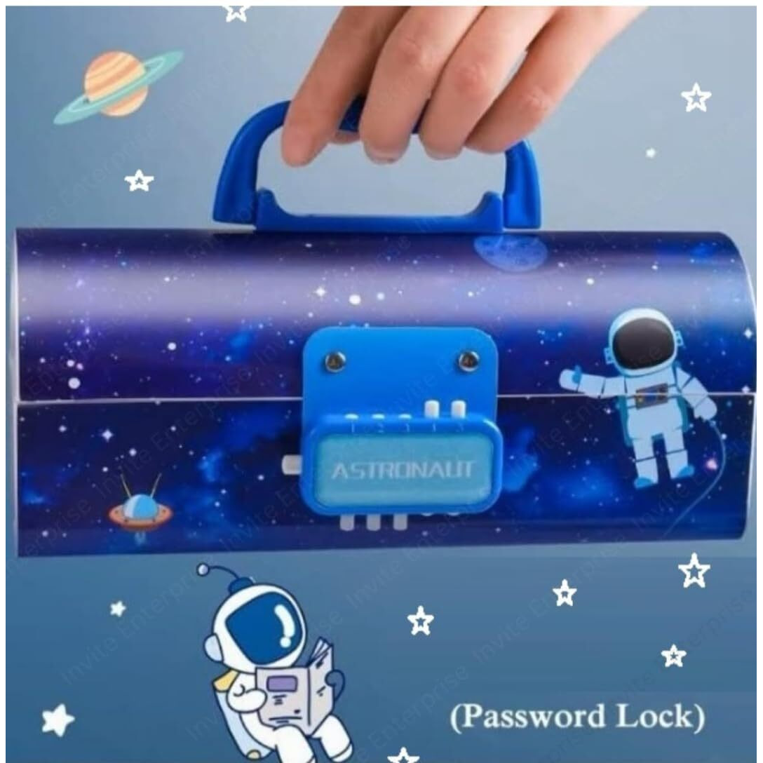 Invite Enterprise Plastic Kids Pen & Pencil Box, Suitcase Style Password Lock Pencil Case, Multi-Layer Pencil Box For Kids, Stationary Organizer Case For Kids, Return Gift For Kids (Astronaut-Blue)