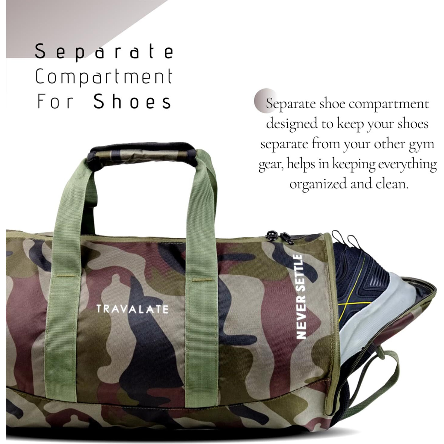 Travalate 18 Inch Sports Duffle Gym Bag With Separate Shoe Compartment, 45L Waterproof Gym Duffel Bag, Lightweight Sports, Yoga, Travel Bag Ideal For Men And Women -Militarygreen (18 X 10 X 9.5 Inch)