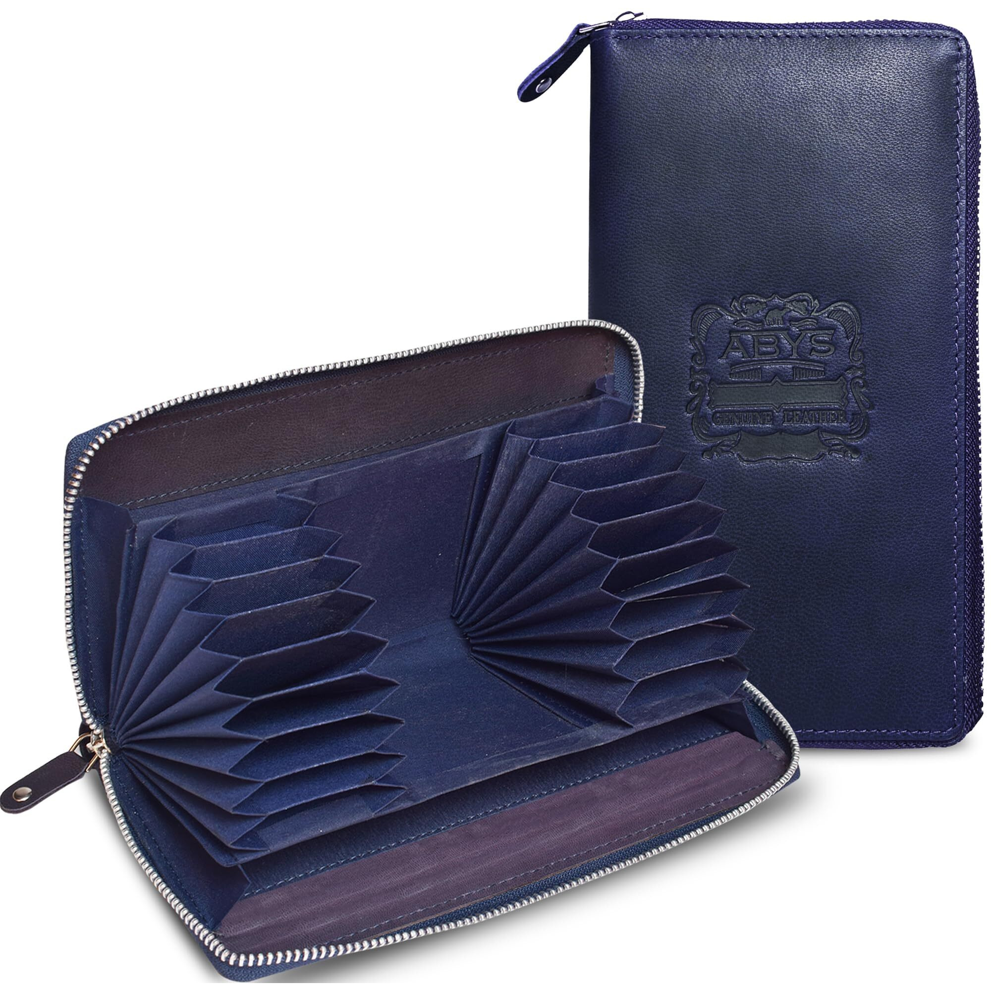 Abys Hunter Leather Blue Rfid Protected Debit Card Holder | 18 Card Slots | Key Slot | Zipper Closure Wallet For Men & Women