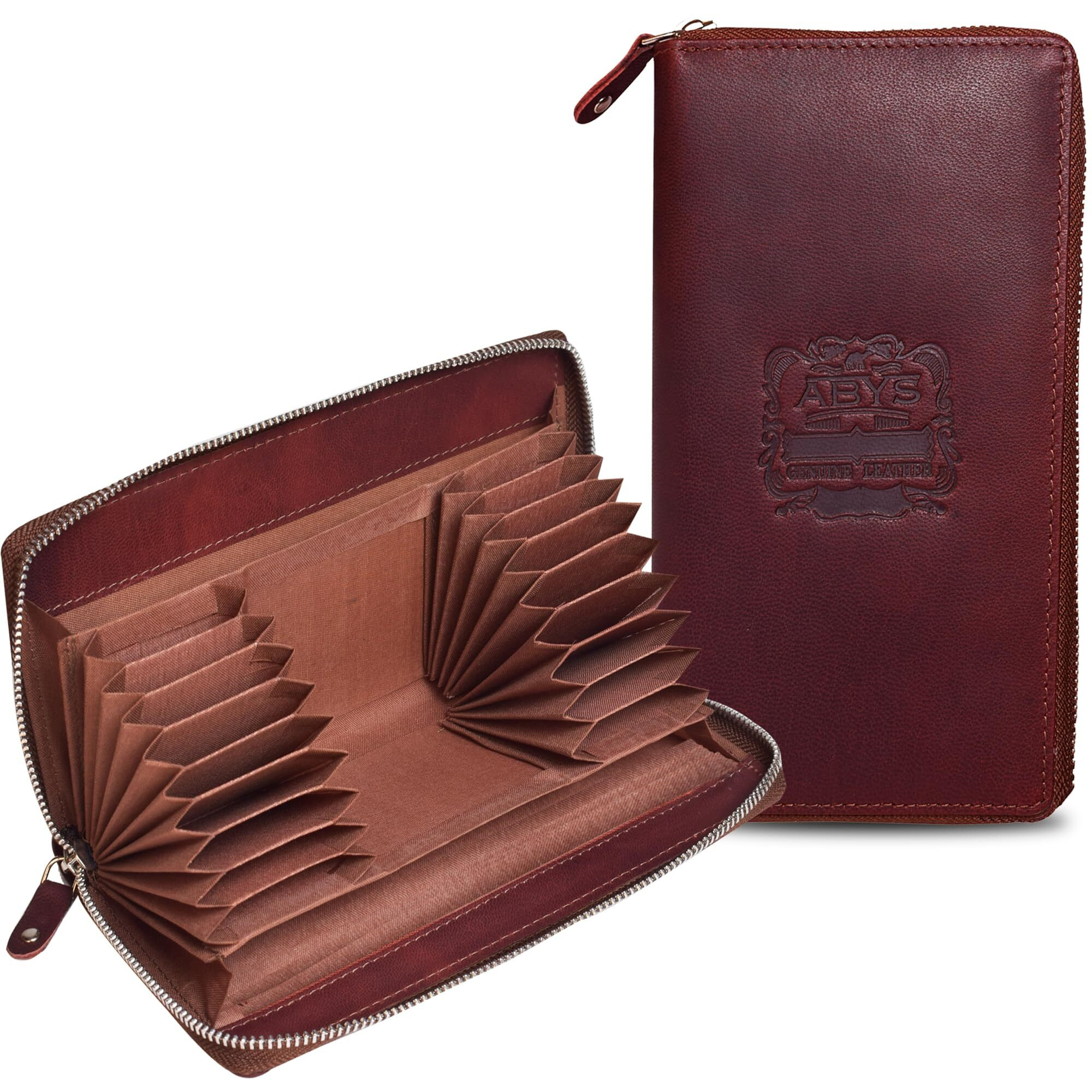 Abys Hunter Leather Wine Rfid Protected Debit Card Holder | 18 Card Slots | Key Slot | Zipper Closure Wallet For Men & Women