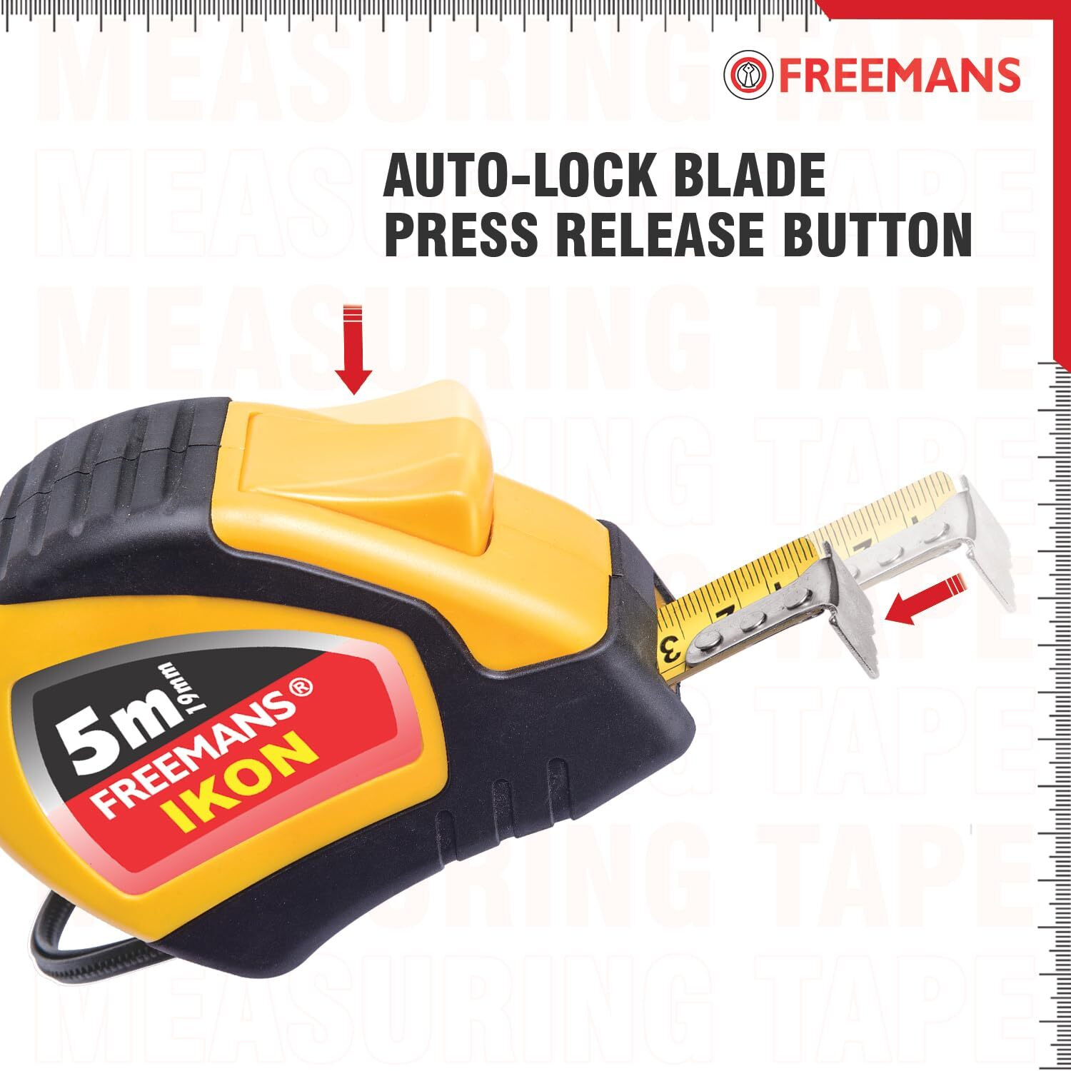 Freemans Ikon 5M19Mm Steel Inchi Measuring Tape - 5M (Yellow & Black) With Unbreakable Abs Case || Soft Grip Bi-Material Case || Auto-Lock And Belt Clip