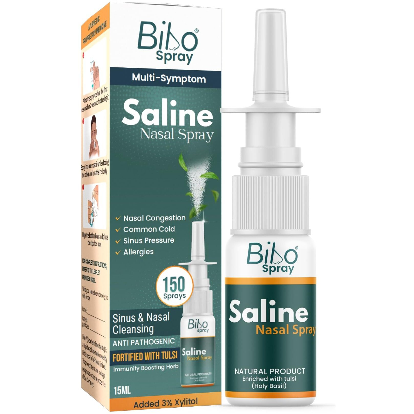 Bibo Spray | Saline Nasal Spray | Fortified With Tulsi & Xylitol | Immunity Booster | Pump Spray | Premium Ayurveda | 15Ml