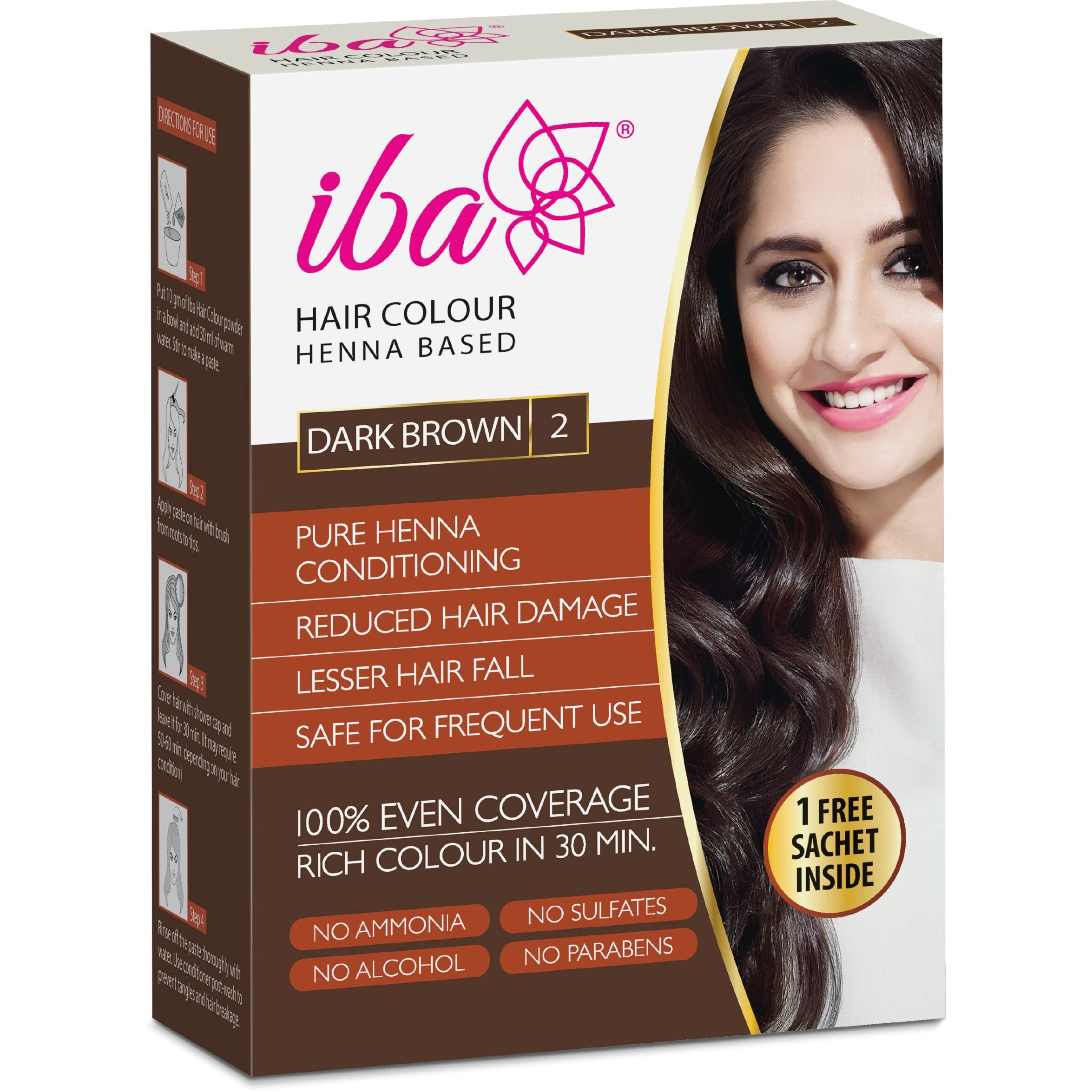 Iba Hair Colour For Women - Dark Brown, 70G | 100% Pure Henna Based Powder Sachet | Natural Hair Colour & Long Lasting With Conditioning Formula | Reduced Hair Fall & Hair Damage | Shine & Nourish Hair | Free From Ammonia And Other Harmful Chemicals | Herbal Hair Powder For Hair Colour | Dark Brown Henna