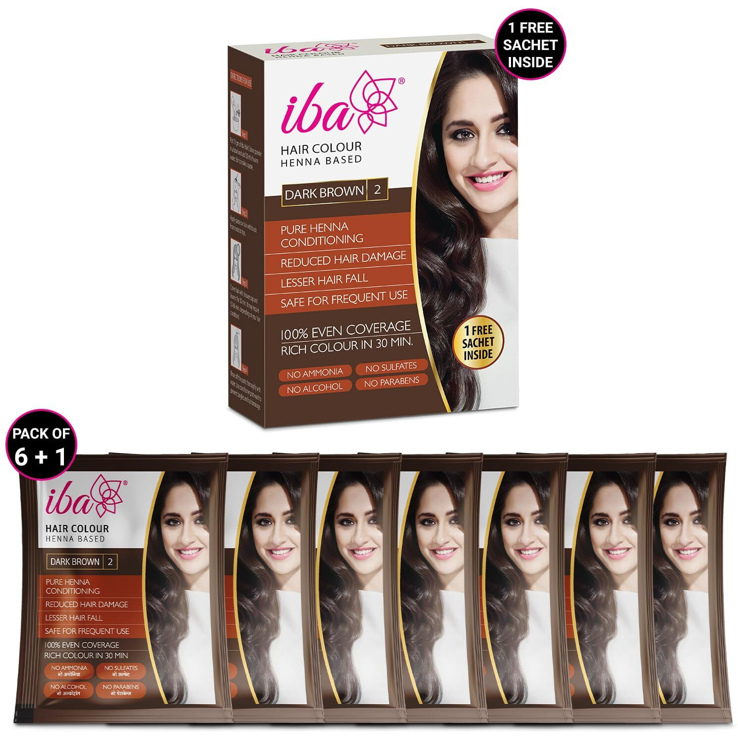 Iba Hair Colour For Women - Dark Brown, 70G | 100% Pure Henna Based Powder Sachet | Natural Hair Colour & Long Lasting With Conditioning Formula | Reduced Hair Fall & Hair Damage | Shine & Nourish Hair | Free From Ammonia And Other Harmful Chemicals | Herbal Hair Powder For Hair Colour | Dark Brown Henna