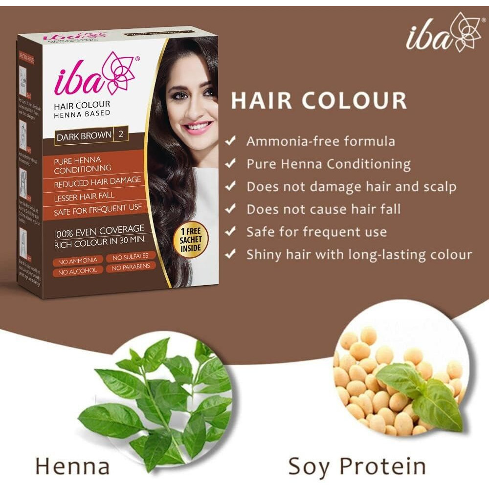 Iba Hair Colour For Women - Dark Brown, 70G | 100% Pure Henna Based Powder Sachet | Natural Hair Colour & Long Lasting With Conditioning Formula | Reduced Hair Fall & Hair Damage | Shine & Nourish Hair | Free From Ammonia And Other Harmful Chemicals | Herbal Hair Powder For Hair Colour | Dark Brown Henna