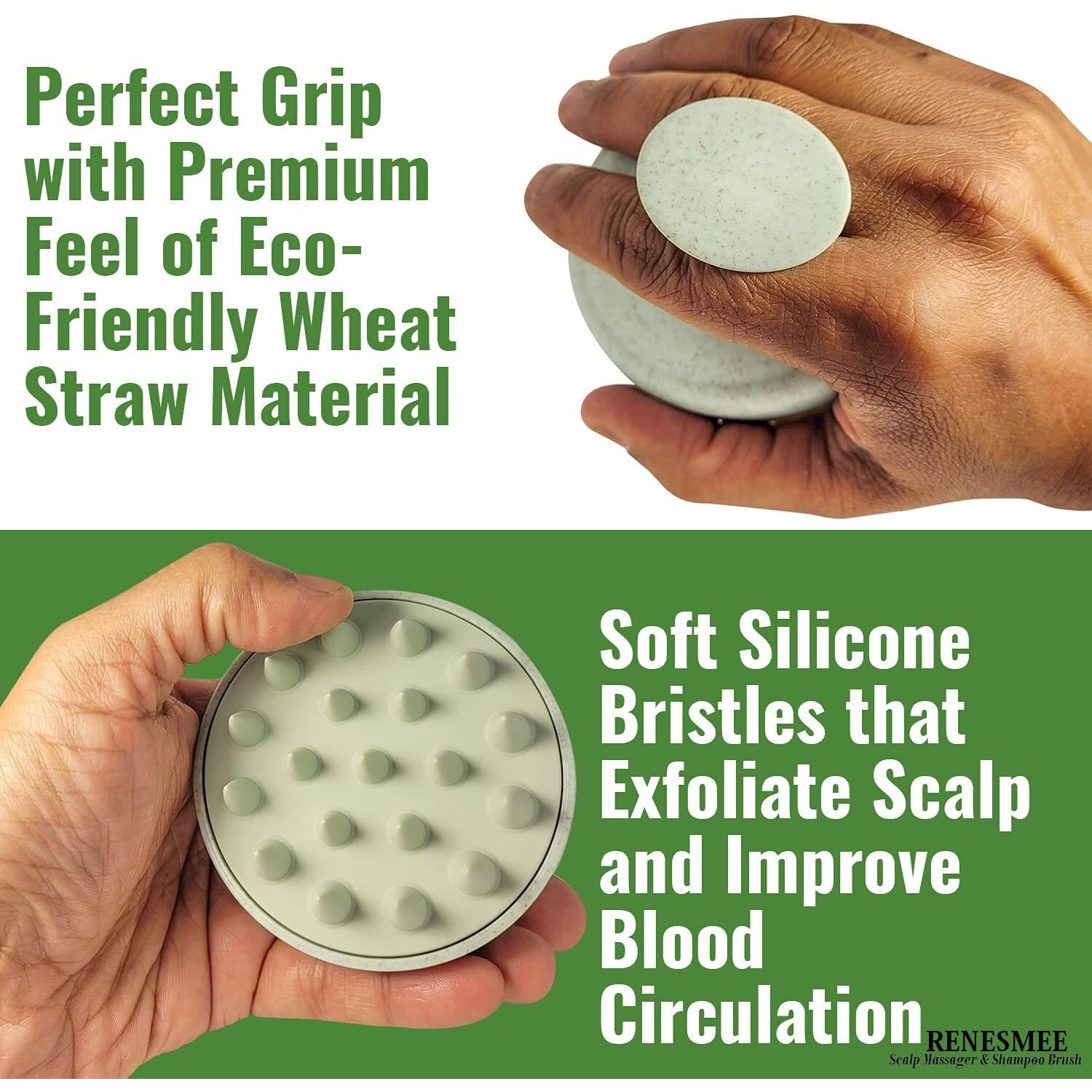 Renesmee Scalp Massager Shampoo Brush, Eco-Friendly Wheat Straw Body With Soft Silicon Bristles, Scrubber, Exfoliator | Dandruff Removal, Prevents Hair Loss For Men, Women (Green)