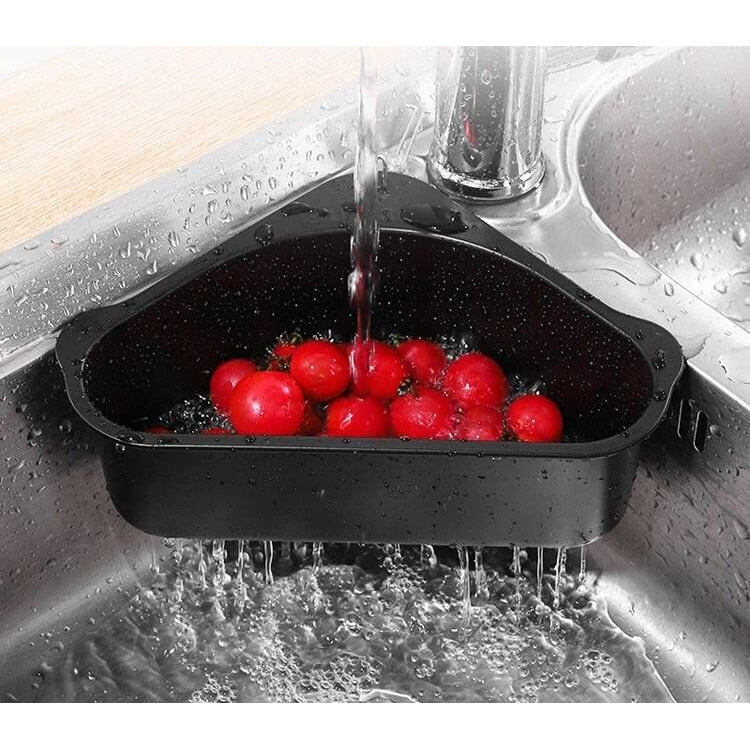 Ankul Plastic Sink Basket Strainer, No Drilling Triangular Multifunctional Drain Shelf Kitchen Sink Strainer Holder Multifunctional Box Organizer For Soap, Sponge Etc (Black, Min 2 Quantity)