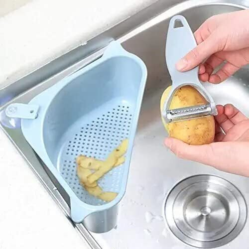 Ankul Plastic Sink Basket Strainer, No Drilling Triangular Multifunctional Drain Shelf Kitchen Sink Strainer Holder Multifunctional Box Organizer For Soap, Sponge Etc (Min 2 Quantity, Blue)