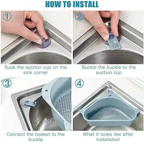 Ankul Plastic Sink Basket Strainer, No Drilling Triangular Multifunctional Drain Shelf Kitchen Sink Strainer Holder Multifunctional Box Organizer For Soap, Sponge Etc (Min 2 Quantity, Blue)
