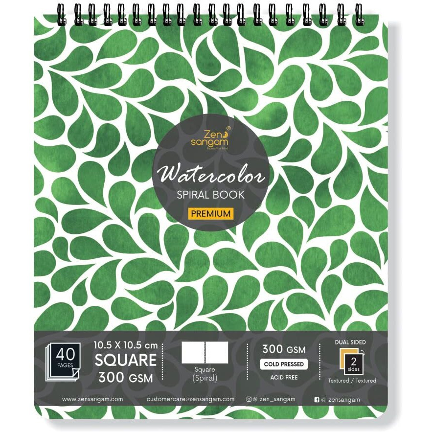 Zen Sangam Watercolor Book - Spiral Watercolor Journal - Square - 300 Gsm Cold Pressed - Sq3 Size (10.5Cmx10.5Cm) - 20 Sheets(40 Pages) For Beginners And Self Taught Artists - Premium