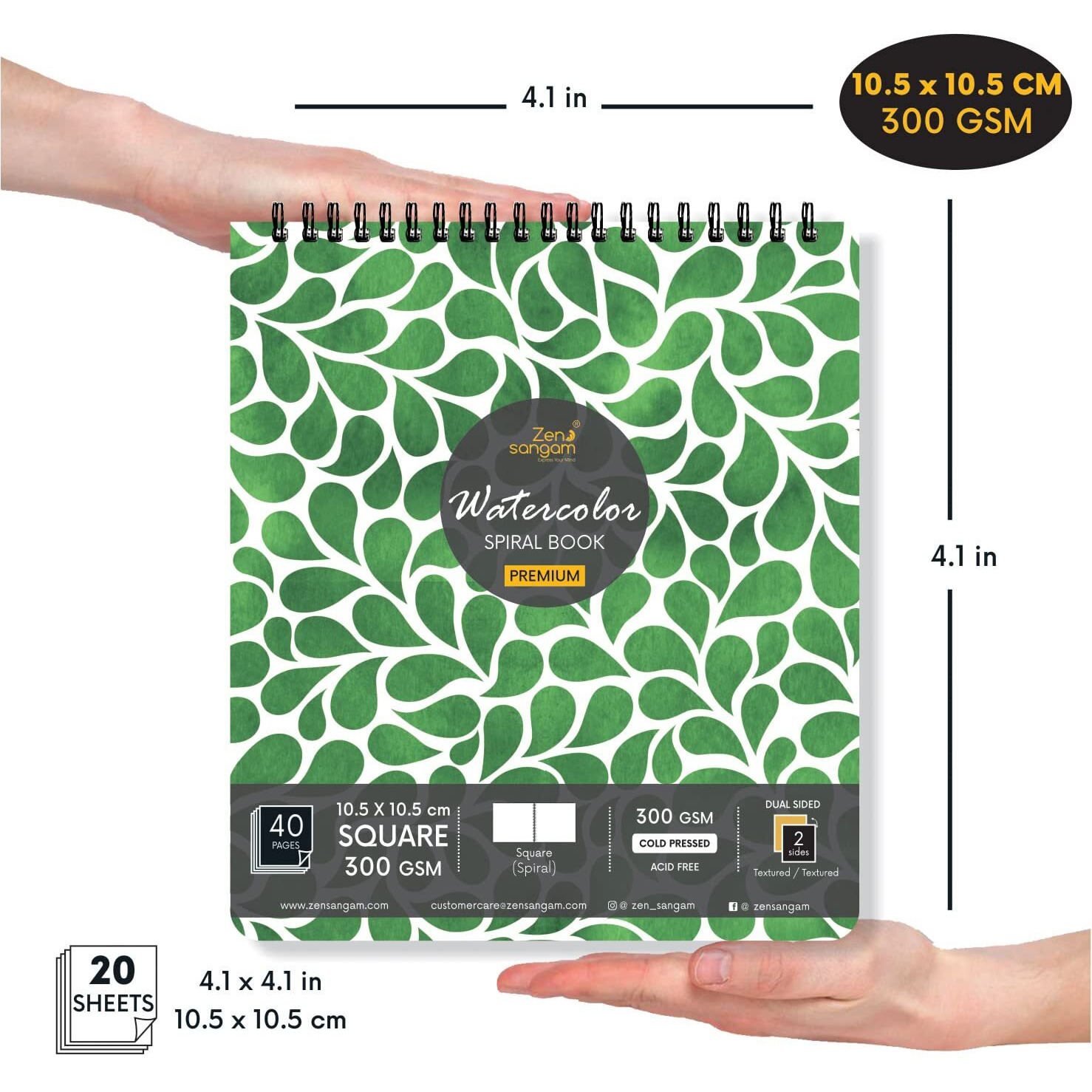 Zen Sangam Watercolor Book - Spiral Watercolor Journal - Square - 300 Gsm Cold Pressed - Sq3 Size (10.5Cmx10.5Cm) - 20 Sheets(40 Pages) For Beginners And Self Taught Artists - Premium