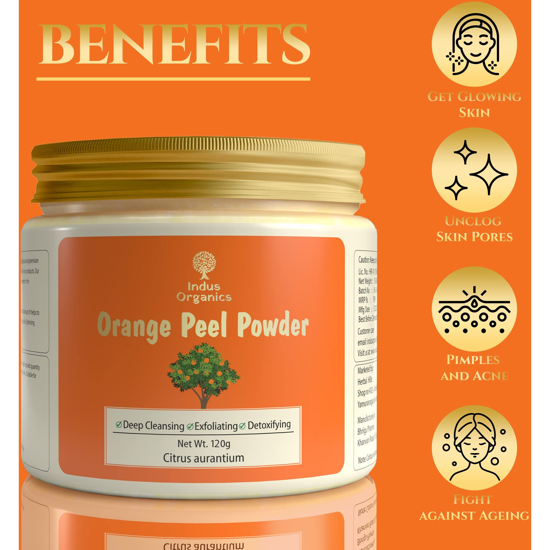 Indus Organics Orange Peel Powder Face Pack | Citrus Aurantium - For Tan Removal, Oil Control, Glowing Skin, Scars Removal, Boosten Collagen, Vitamin C- 120Gm