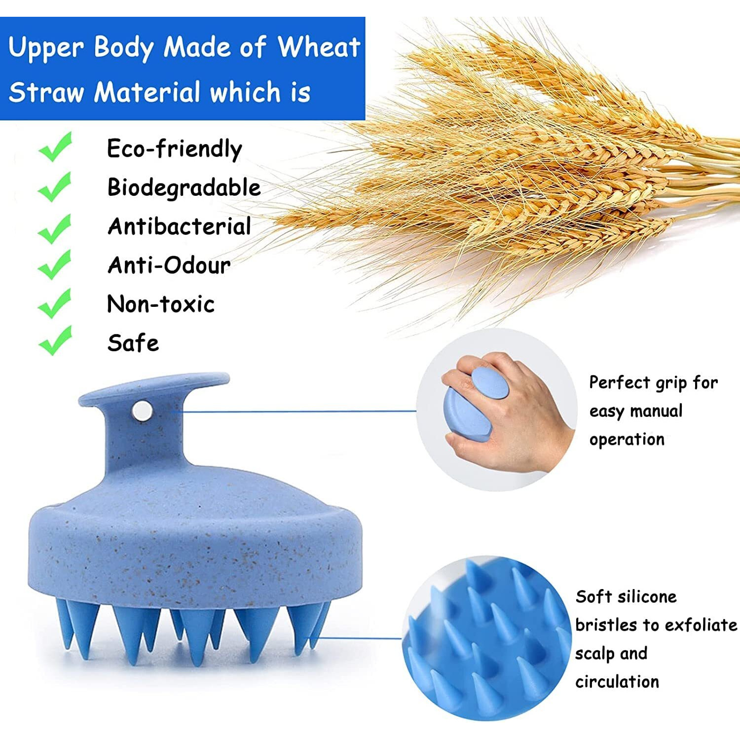 Renesmee Manual Scalp Head Massager Shampoo Brush - Eco-Friendly With Soft Silicon Bristles, Hair Scalp Scrubber, Exfoliator | Dandruff Removal, Prevents Hair Loss (Blue)