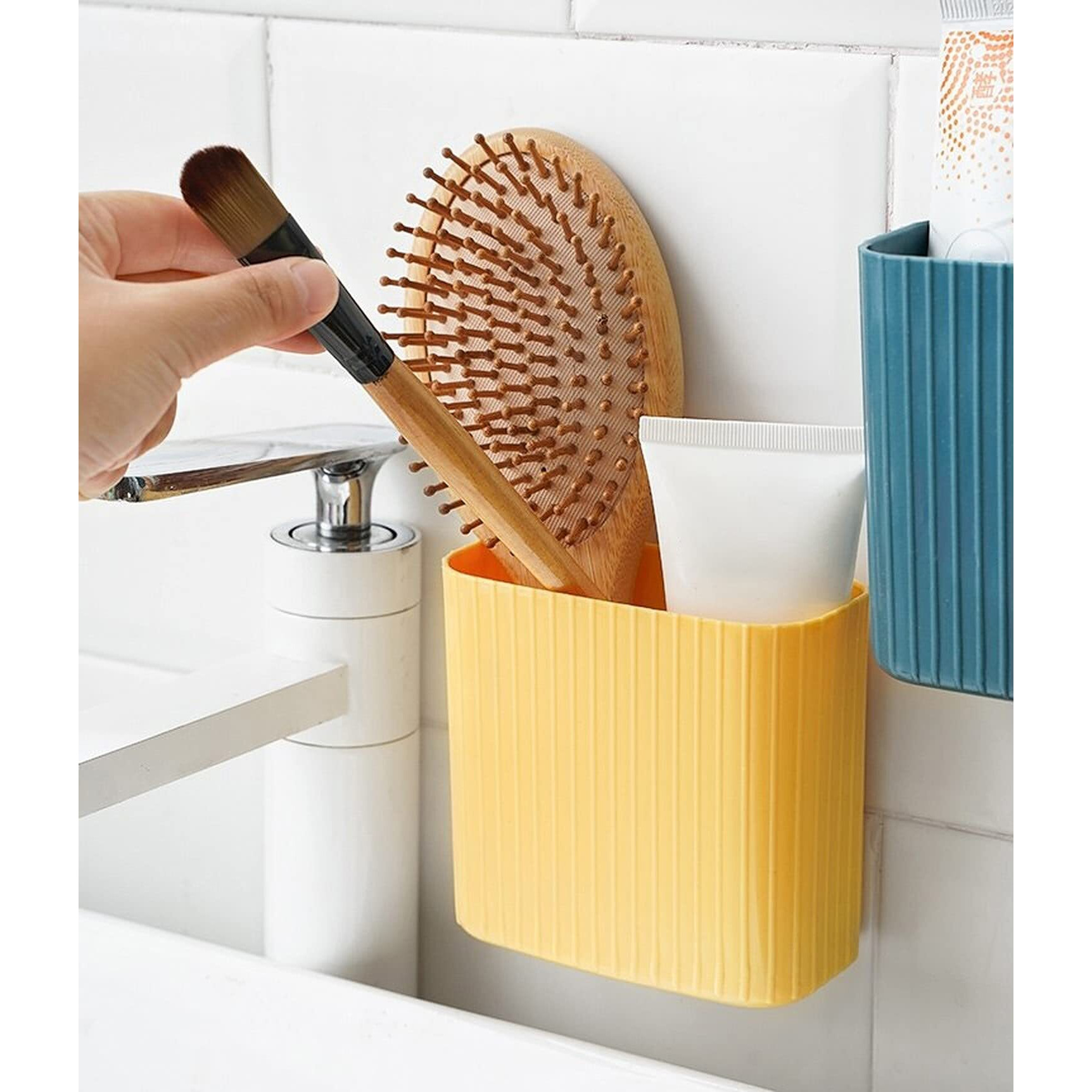 Wolpin Toothbrush Holder (1 Pc) Plastic Stand For Toothpaste, Comb, Brush, Cream, Lotion Kids Bathroom Cup Drain Waterproof Self-Adhesive, Yellow