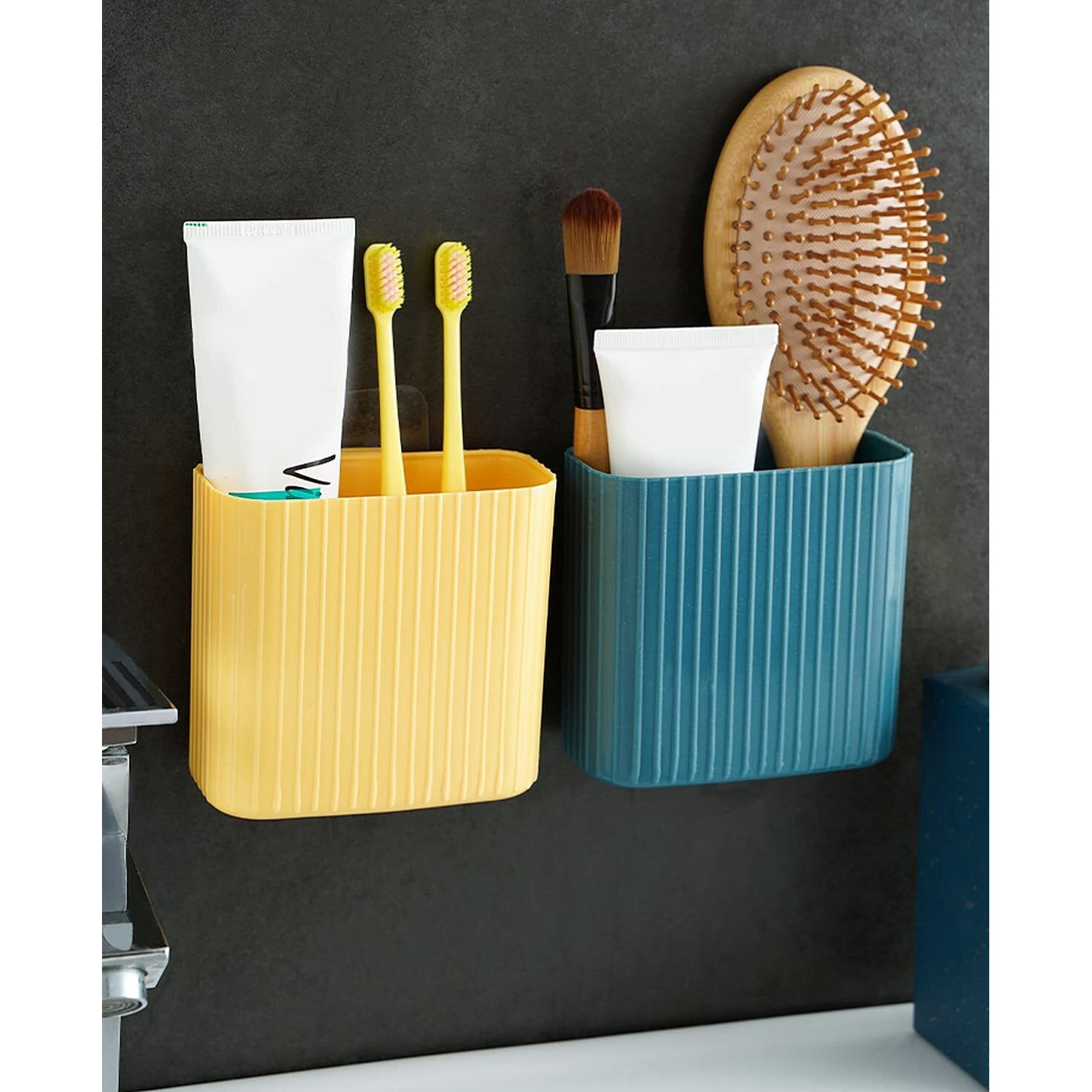 Wolpin Toothbrush Holder (1 Pc) Plastic Stand For Toothpaste, Comb, Brush, Cream, Lotion Kids Bathroom Cup Drain Waterproof Self-Adhesive, Yellow
