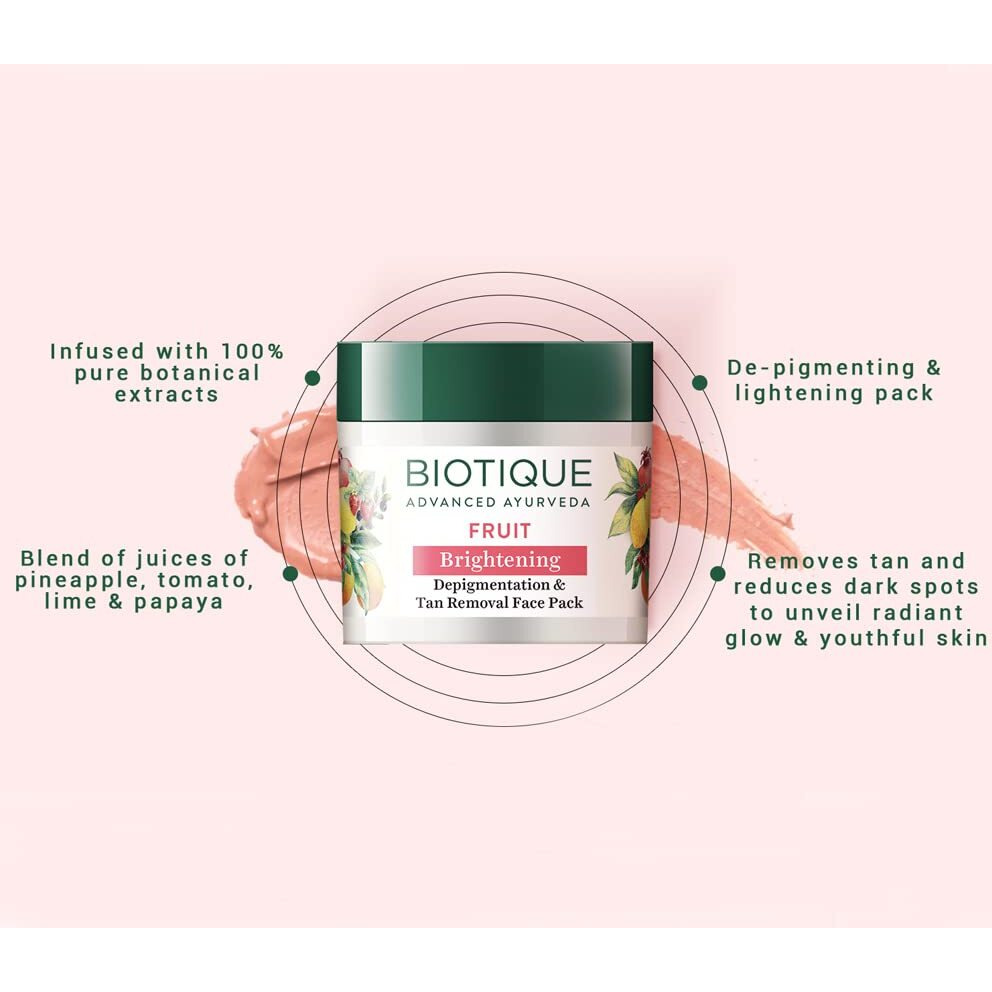 Biotique Fruit Brightening Depigmentation And Tan Removal Face Pack| Ayurvedic And Organically Pure| Tan Removal Face Pack For All Skin Types|100% Botanical Extracts| 75Gm