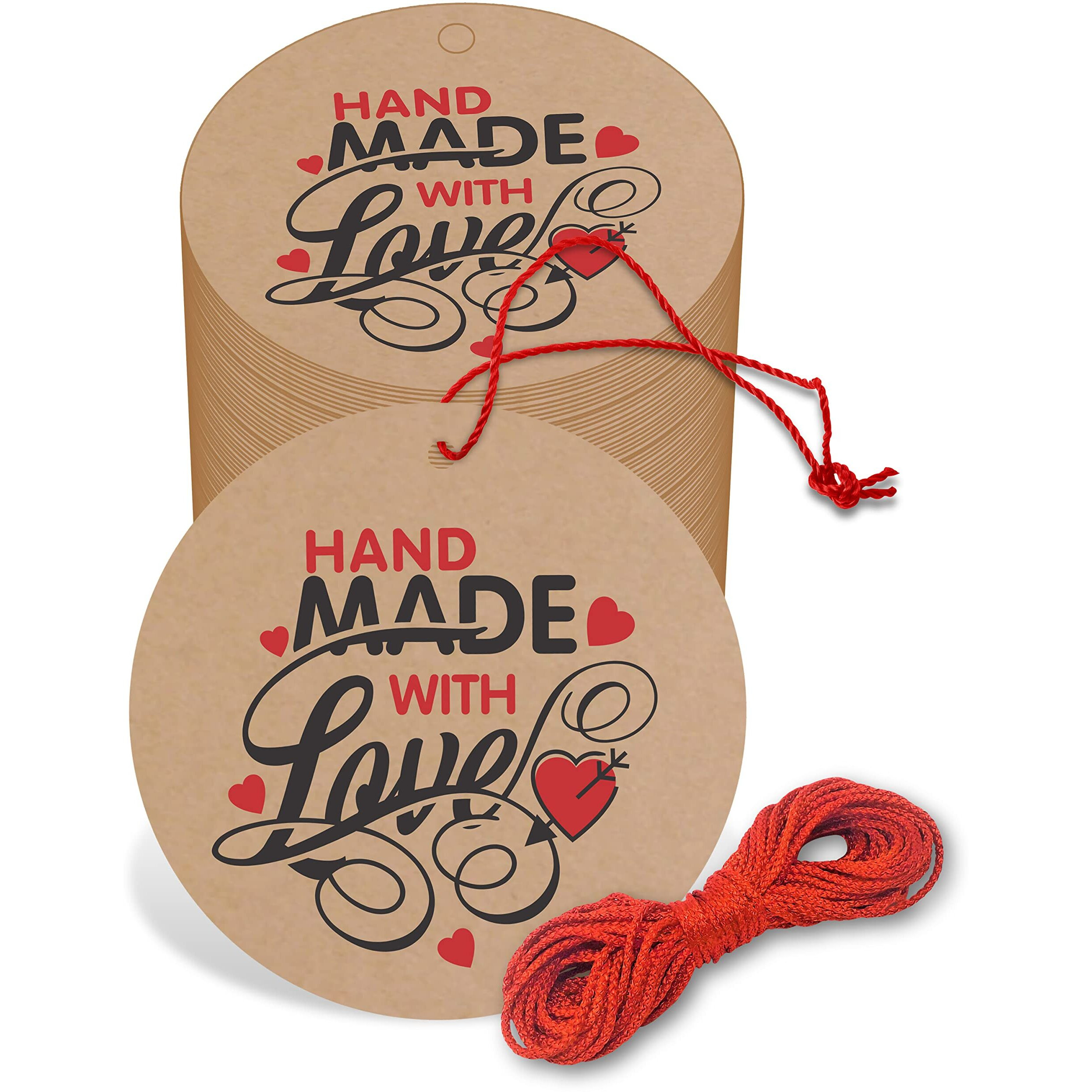 Clickedin - 2 Inches Hand Made With Love Craft Tags For Packaging With String 50 Pieces