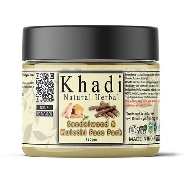 Khadi Natural Herbal Sandalwood Face Pack For Skin Brightening 180Gm Pack | Enriched With 100% Natural Pure Sandalwood Powder & Mulethi For Skin Glowing | Reduce Acne & Control Excess Oil Suitable For All Skin Types | Sls & Parben Free Face Pack
