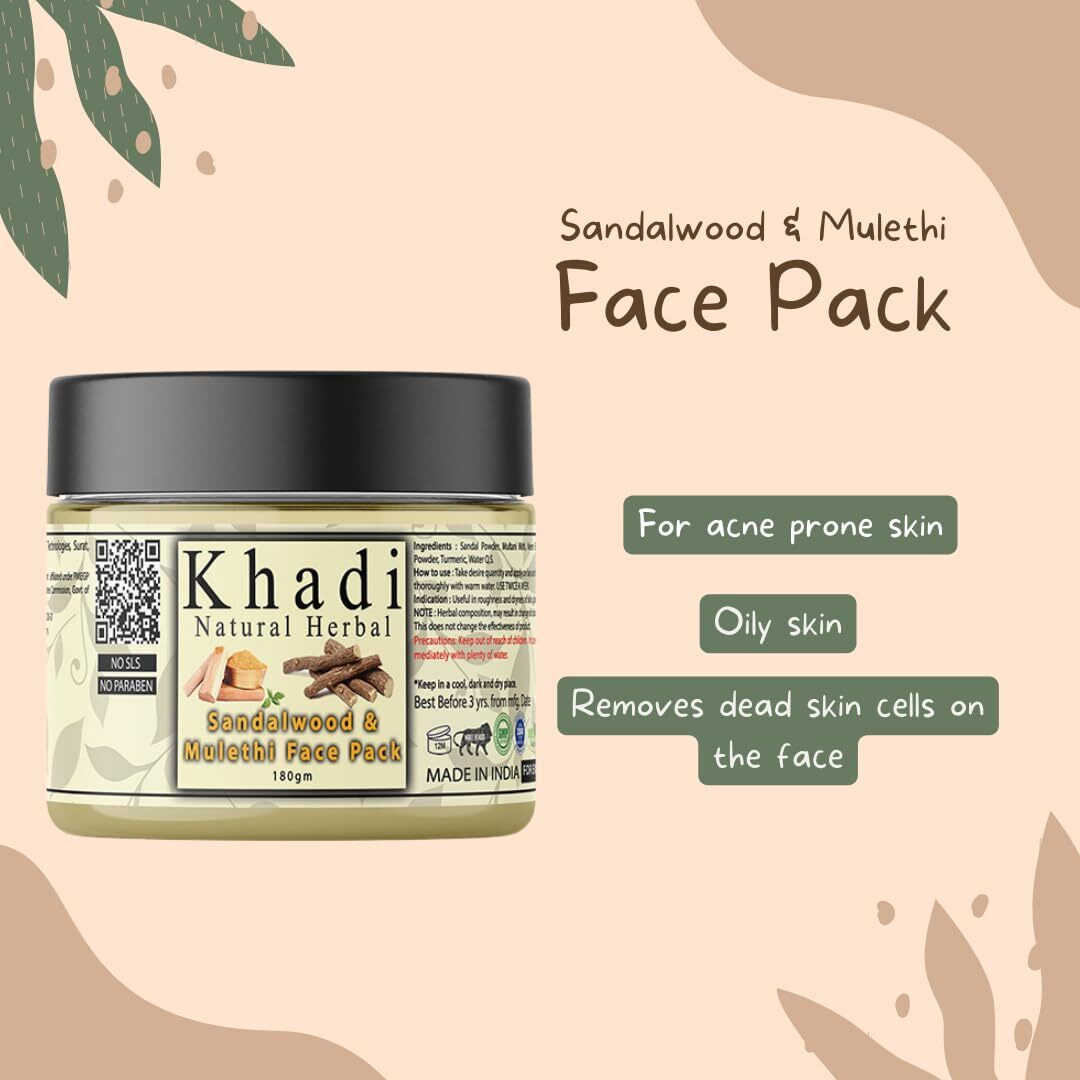 Khadi Natural Herbal Sandalwood Face Pack For Skin Brightening 180Gm Pack | Enriched With 100% Natural Pure Sandalwood Powder & Mulethi For Skin Glowing | Reduce Acne & Control Excess Oil Suitable For All Skin Types | Sls & Parben Free Face Pack