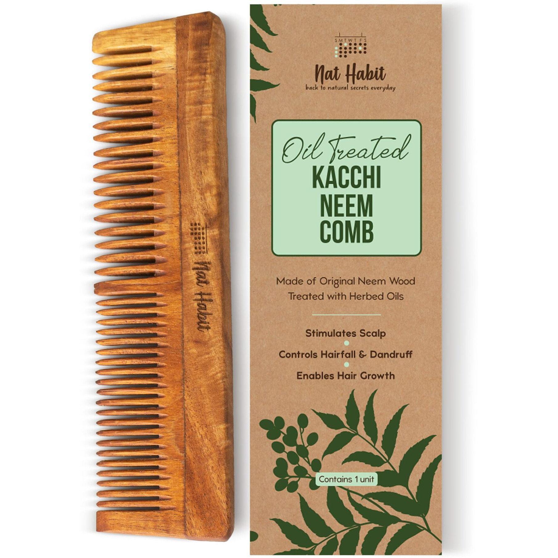 Nat Habit Kacchi Neem Wooden Shampoo Comb - Soaked In 17 Herbs, Neem & Sesame Oil For Post Shampoo Detangling Suited For Long & Thick Hair (Wide Tooth- Large Size) Pack Of 1