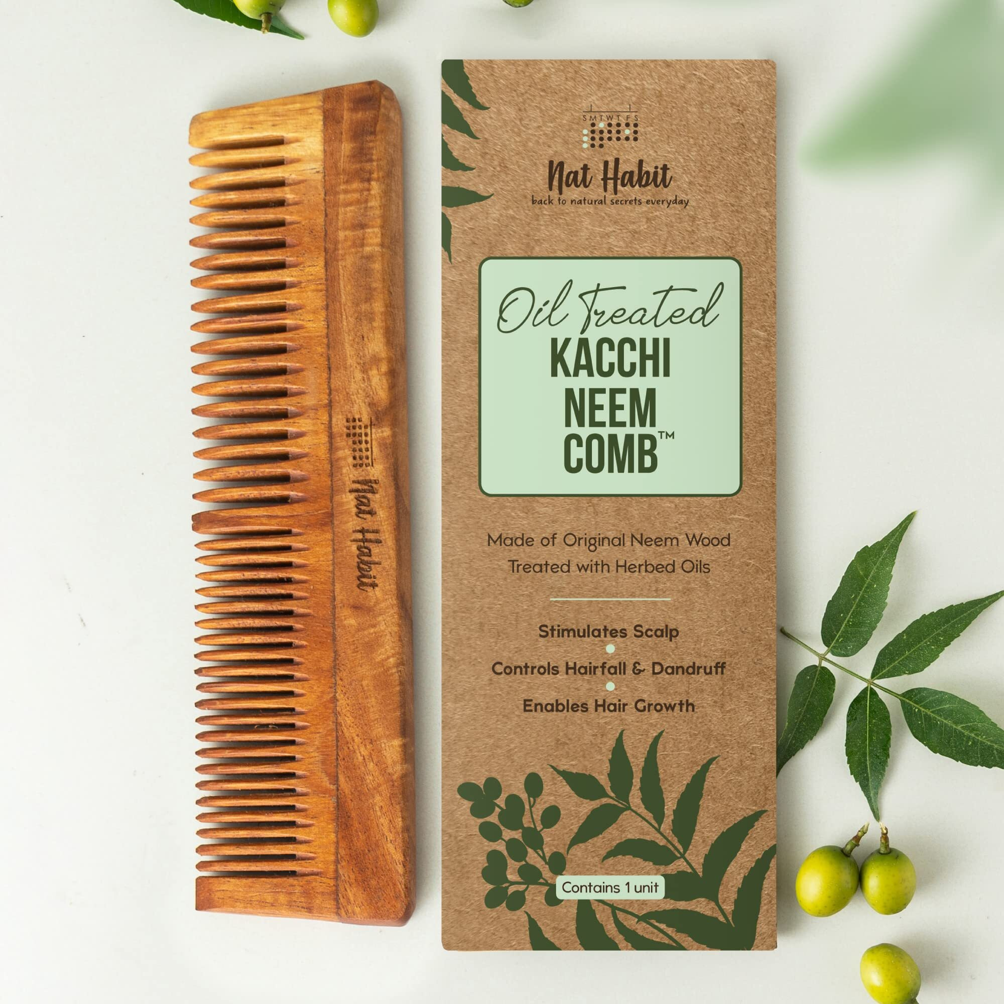Nat Habit Kacchi Neem Wooden Shampoo Comb - Soaked In 17 Herbs, Neem & Sesame Oil For Post Shampoo Detangling Suited For Long & Thick Hair (Wide Tooth- Large Size) Pack Of 1