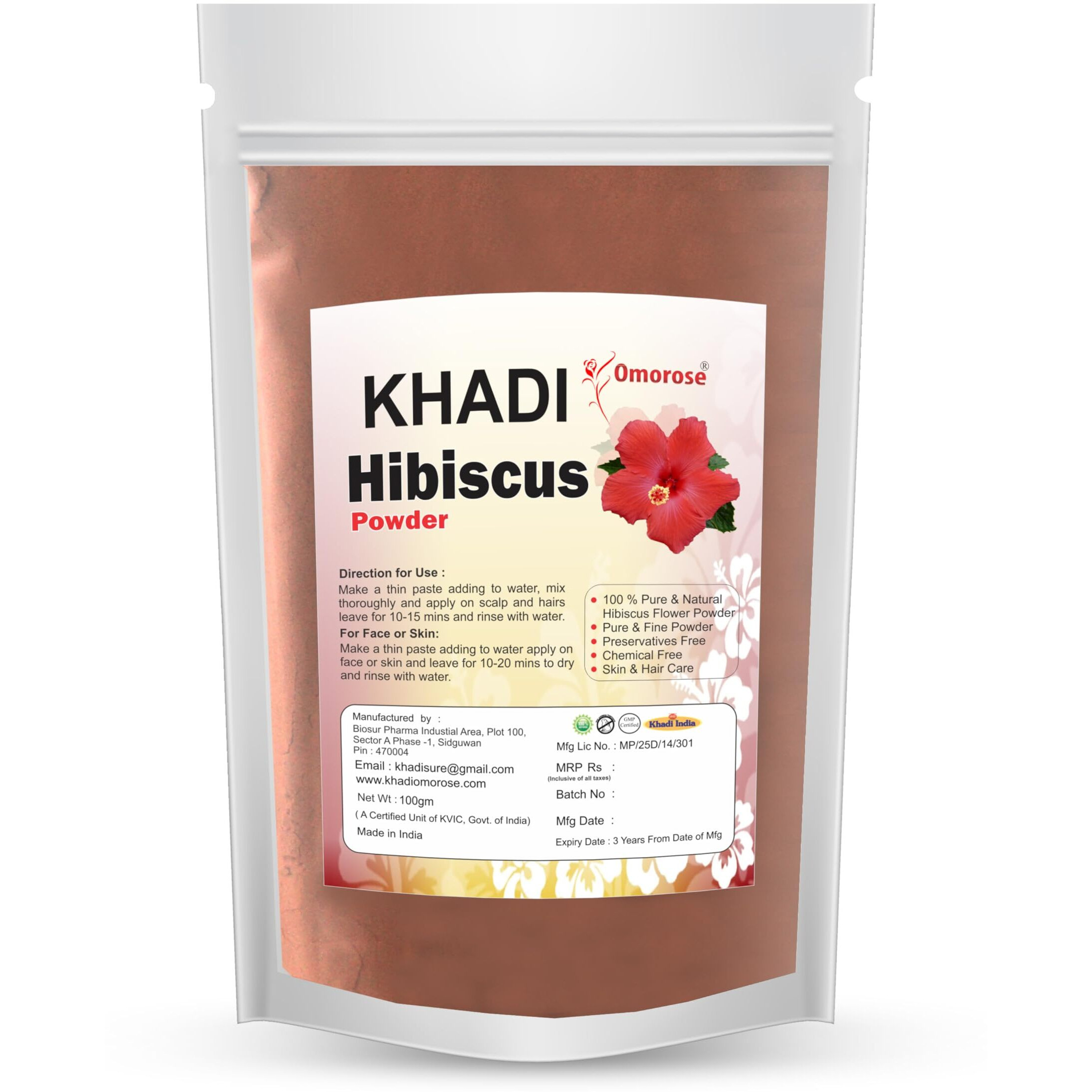Khadi Omorose Hibiscus Flower Powder For Face Pack & Hair Mask, Natural Pure Hibiscus Rosa-Sinensis Hair & Skin Care, Gudhal Ka Phool Powder For Dull Hair & Conditioning (100 Gms)
