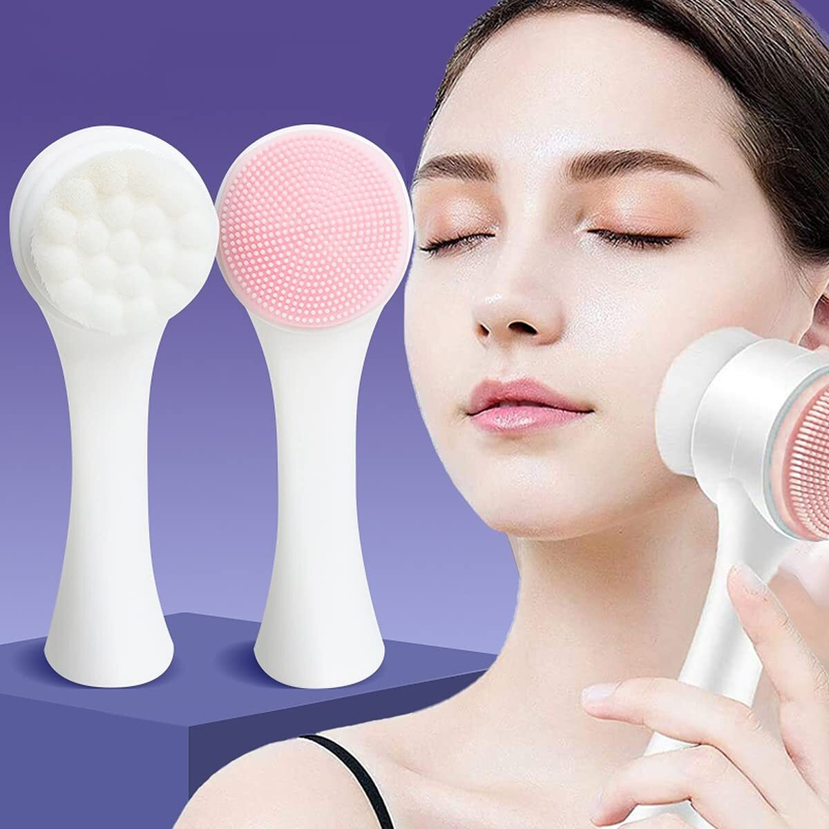 Wolpin Facial Cleaning Brush Double Sided Deep Pore Cleaning Manual 2-In-1 Face Exfoliating Wash Massage Soft Silicone Scrubber (Pink)H
