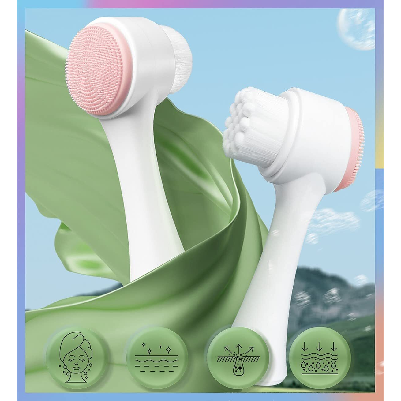 Wolpin Facial Cleaning Brush Double Sided Deep Pore Cleaning Manual 2-In-1 Face Exfoliating Wash Massage Soft Silicone Scrubber (Pink)H