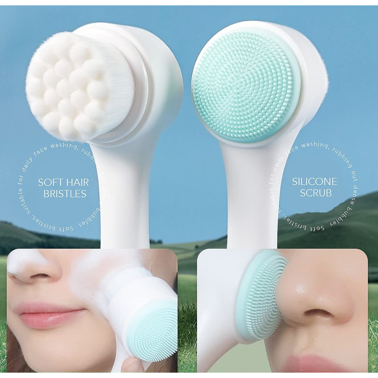 Wolpin Facial Cleaning Brush Double Sided Deep Pore Cleaning Manual 2-In-1 Face Exfoliating Wash Massage Soft Silicone Scrubber (Pink)H