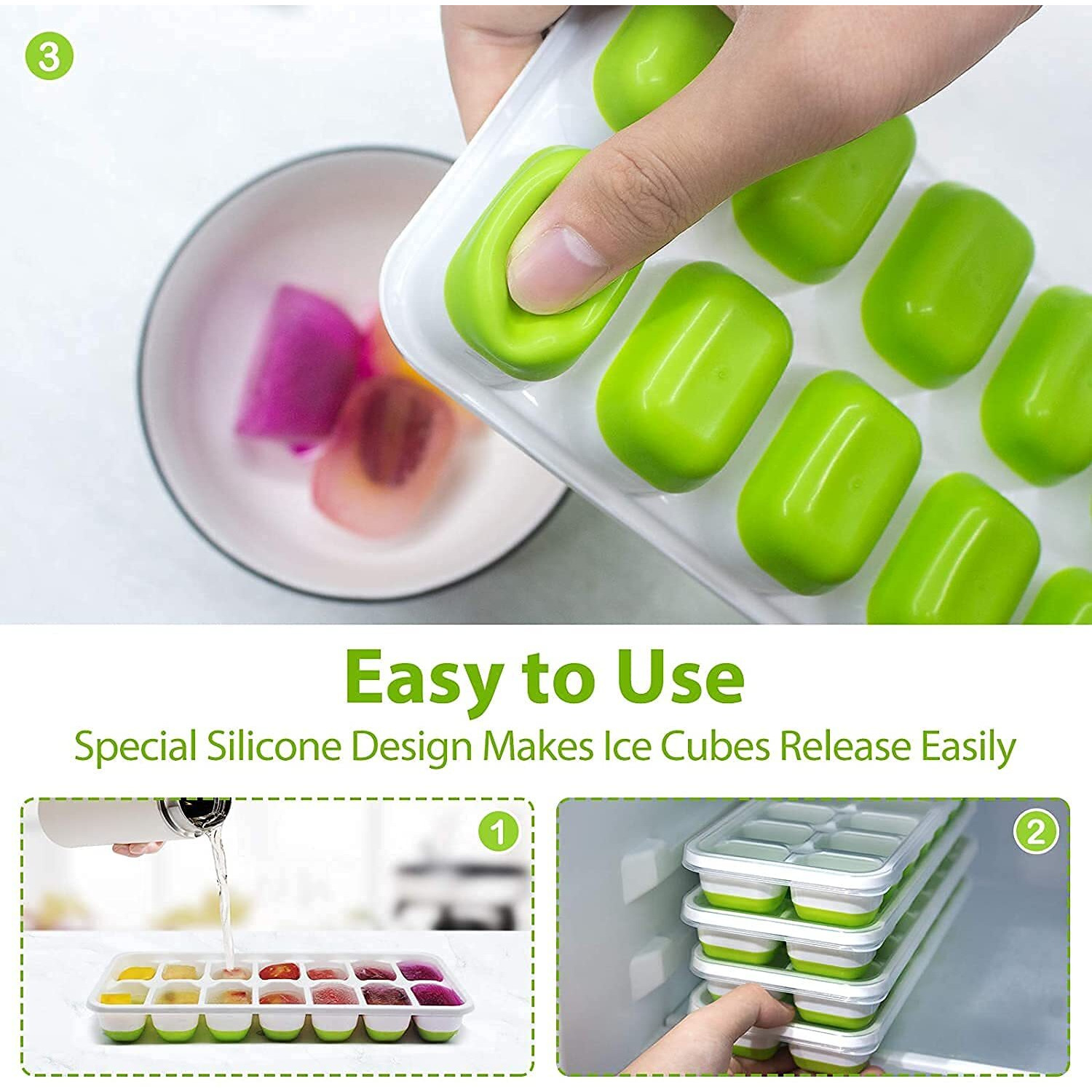 E-Cosmos Small Pop-Up Ice Cube Tray With Flexible Silicon Bottom And Lid, 12 Cube Trays (Multicolor - Pack Of 2)