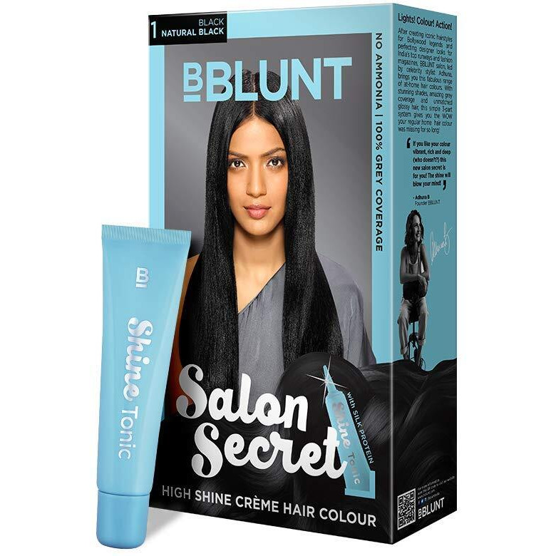 Bblunt Salon Secret High Shine Crme Hair Colour, 100G - Natural Black 1 (Pack Of 1) With Shine Tonic, 8Ml