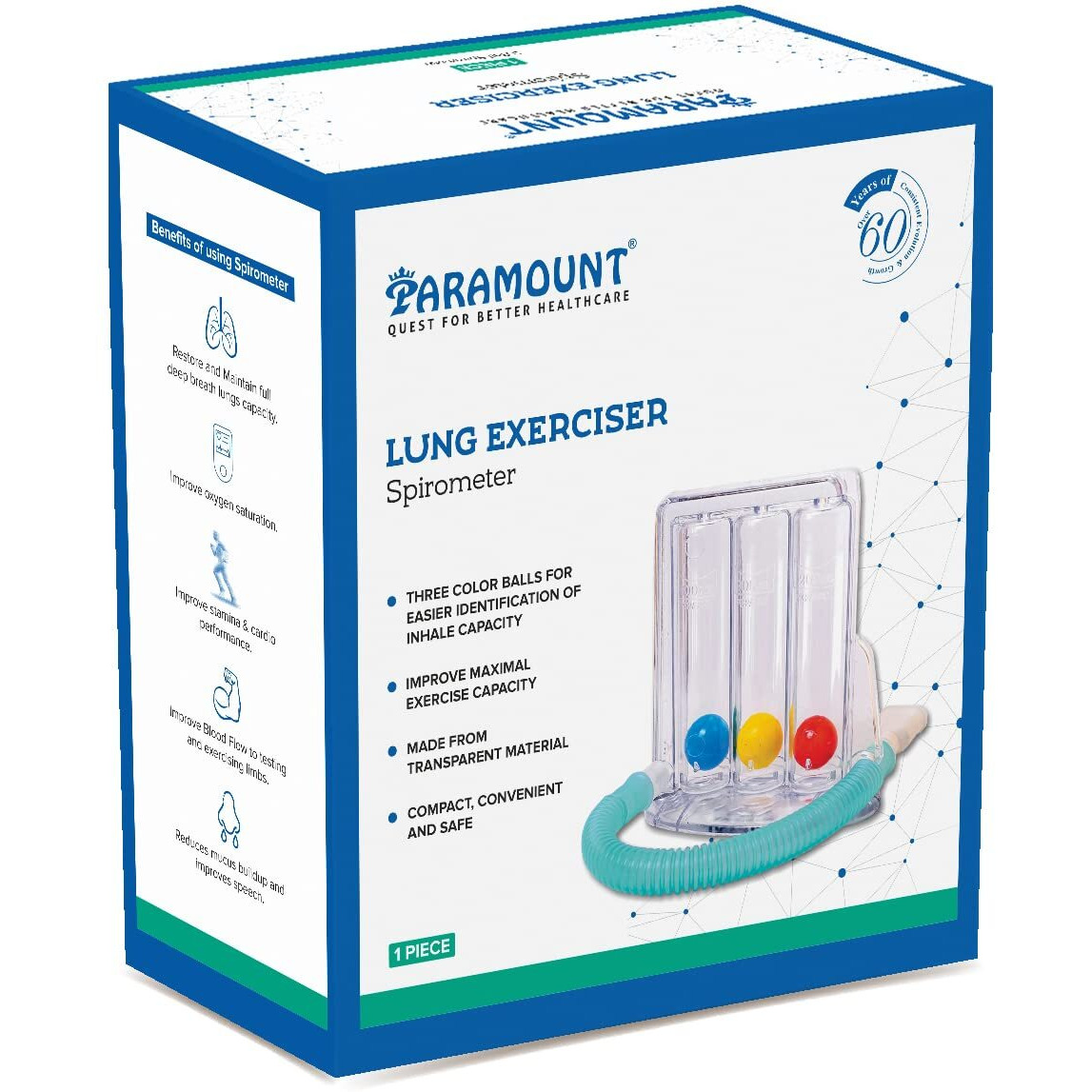 Paramount 3 Ball Spirometer | Lung Exerciser | Respiratory Exerciser | Breathing Exercise | Respirometer | Breath Measurement System | Deep Breathing Lung Exerciser | Washable, Hygienic & Detachable- Pack Of 1 ( White )