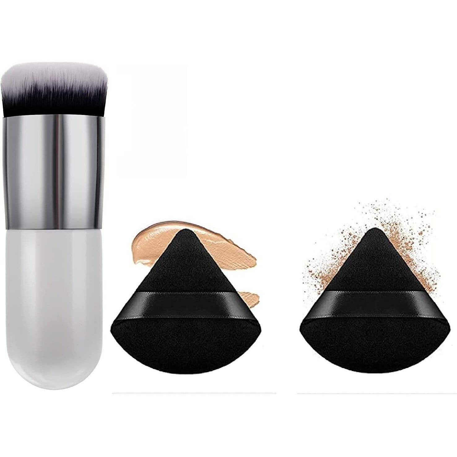 Aadav 1 Round Foundation Makeup Brush,2 Pieces Makeup Sponge Blender(Foundation Brush,2 Pieces Triangle Powder Puffs Face Cosmetic Powder Puff Washable Reusable Soft Plush Powder Makeup Sponge)