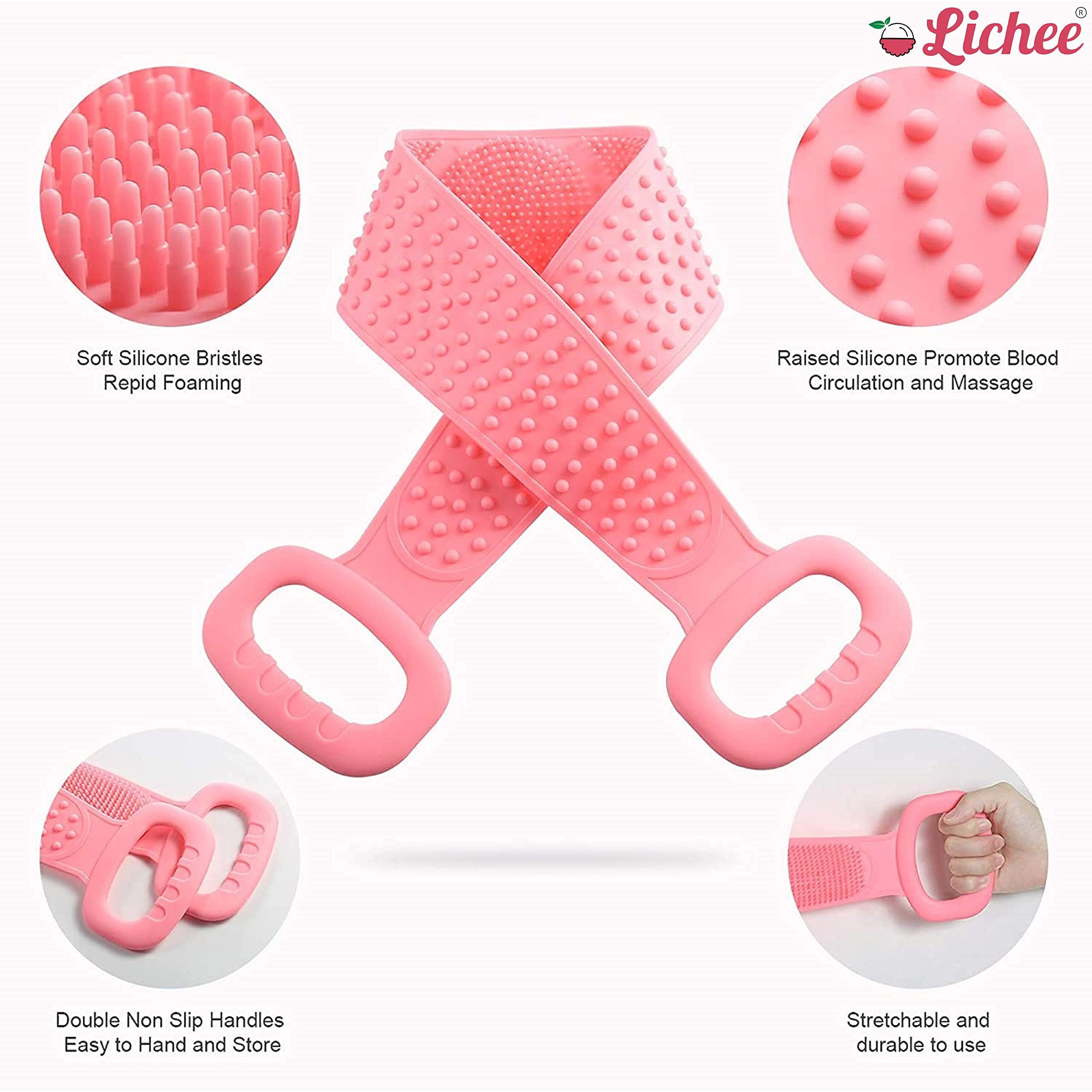 Lichee Silicone Body Back Scrubber Double Side Bathing Body Brush For Skin Deep Cleaning Massage, Dead Skin Removal Exfoliating Belt For Shower, Easy To Clean (Body Back Belt Scrubber)