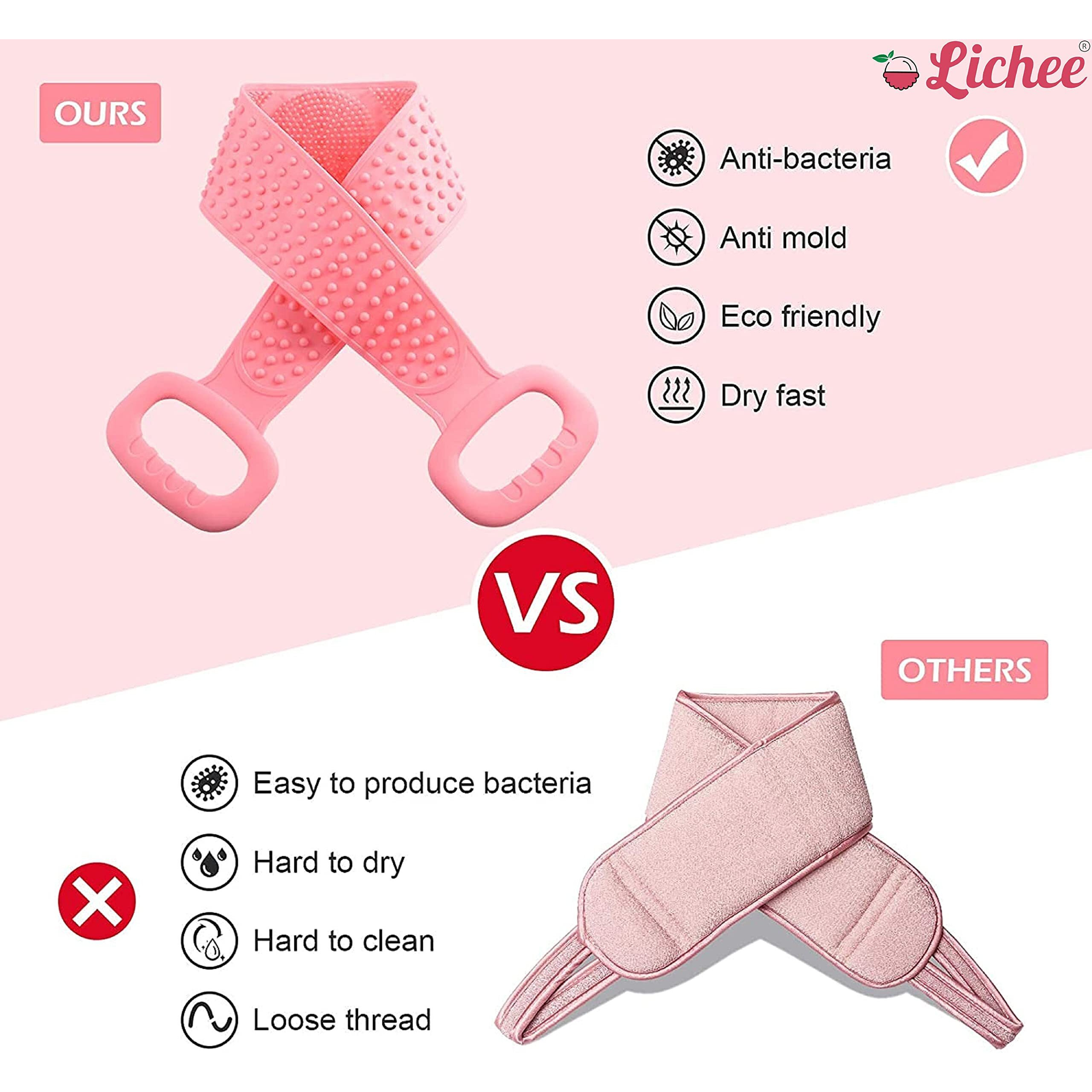 Lichee Silicone Body Back Scrubber Double Side Bathing Body Brush For Skin Deep Cleaning Massage, Dead Skin Removal Exfoliating Belt For Shower, Easy To Clean (Body Back Belt Scrubber)