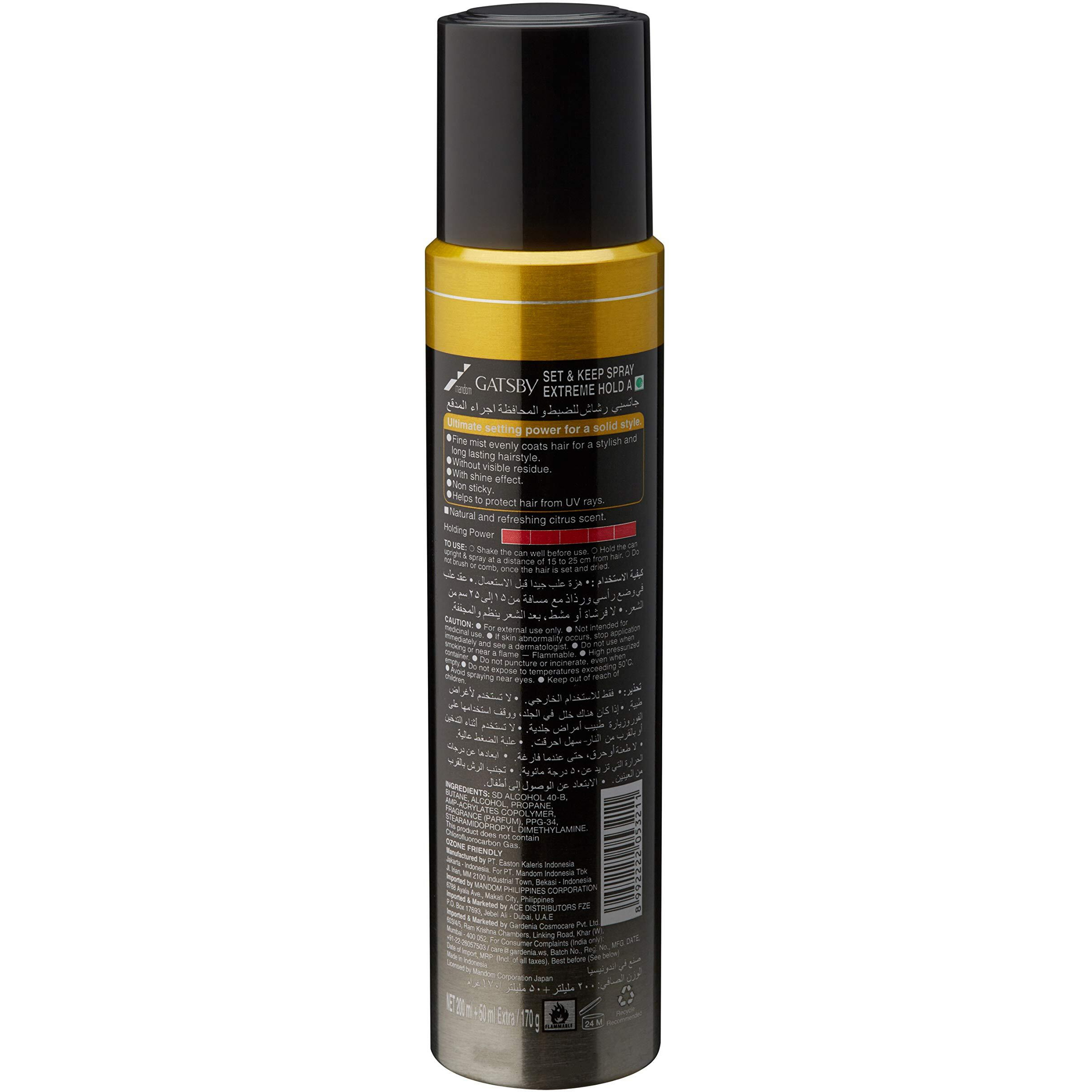 Gatsby Set & Keep Hair Spray - Extreme Hold | Quick Drying, Long Lasting Hold, No Flaking & Natural Shine | Non Sticky & Easy Wash Off | Styling Hair Spray | 250Ml