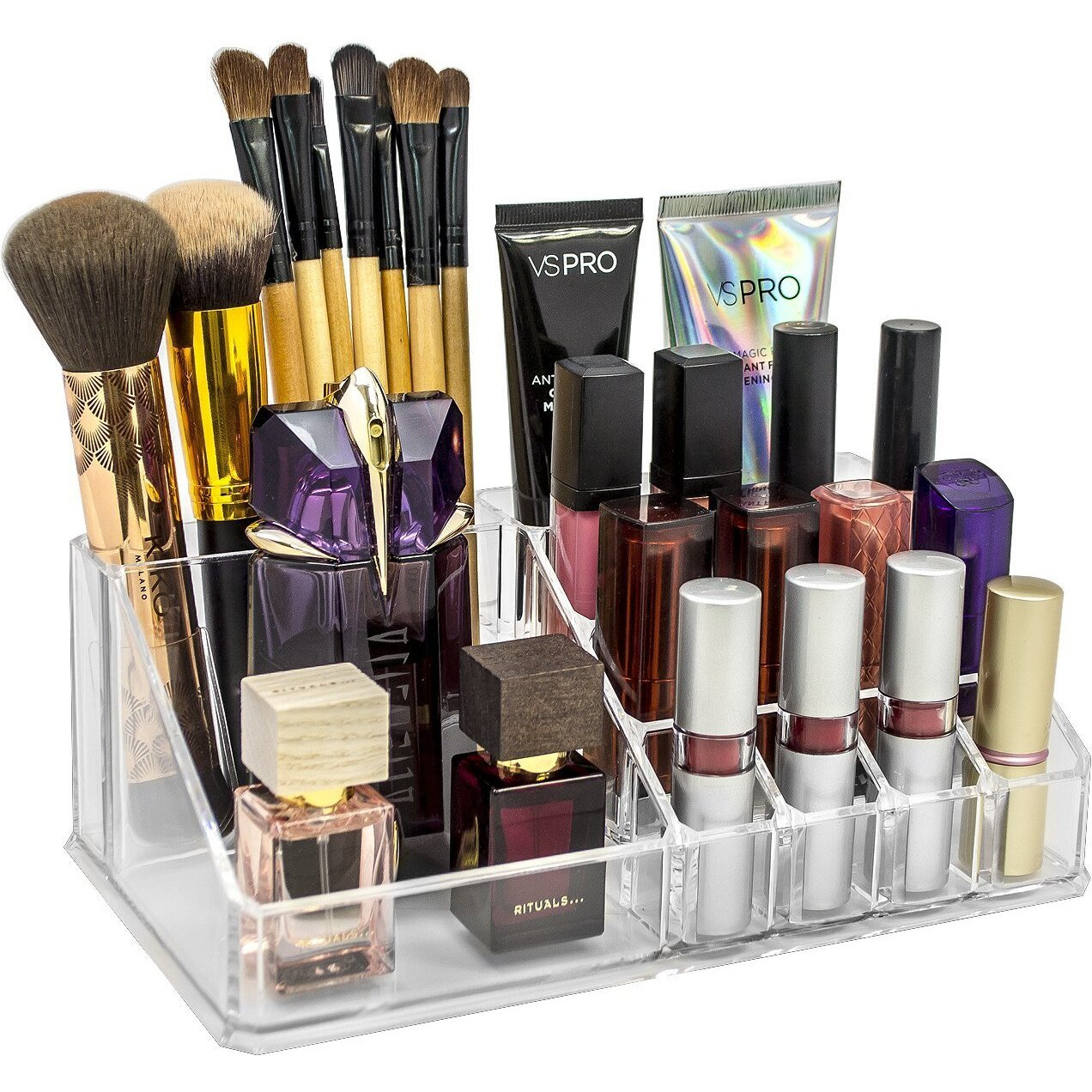 Inovera (Label) Plastic 16 Compartment Cosmetic Display Cases Makeup Lipstick Storage Organizer Holder Box Case,Transparent (22L X 12.2W X 7.5H)