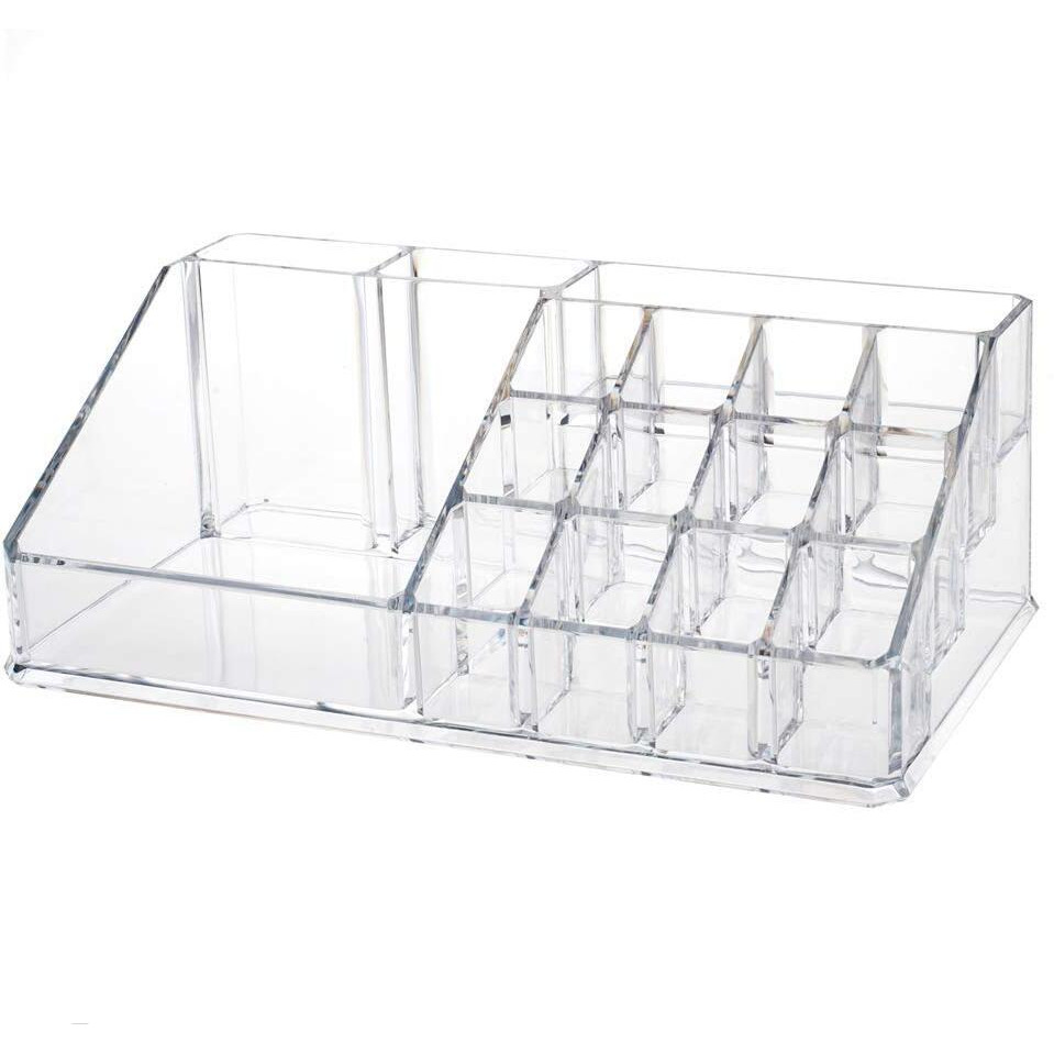 Inovera (Label) Plastic 16 Compartment Cosmetic Display Cases Makeup Lipstick Storage Organizer Holder Box Case,Transparent (22L X 12.2W X 7.5H)
