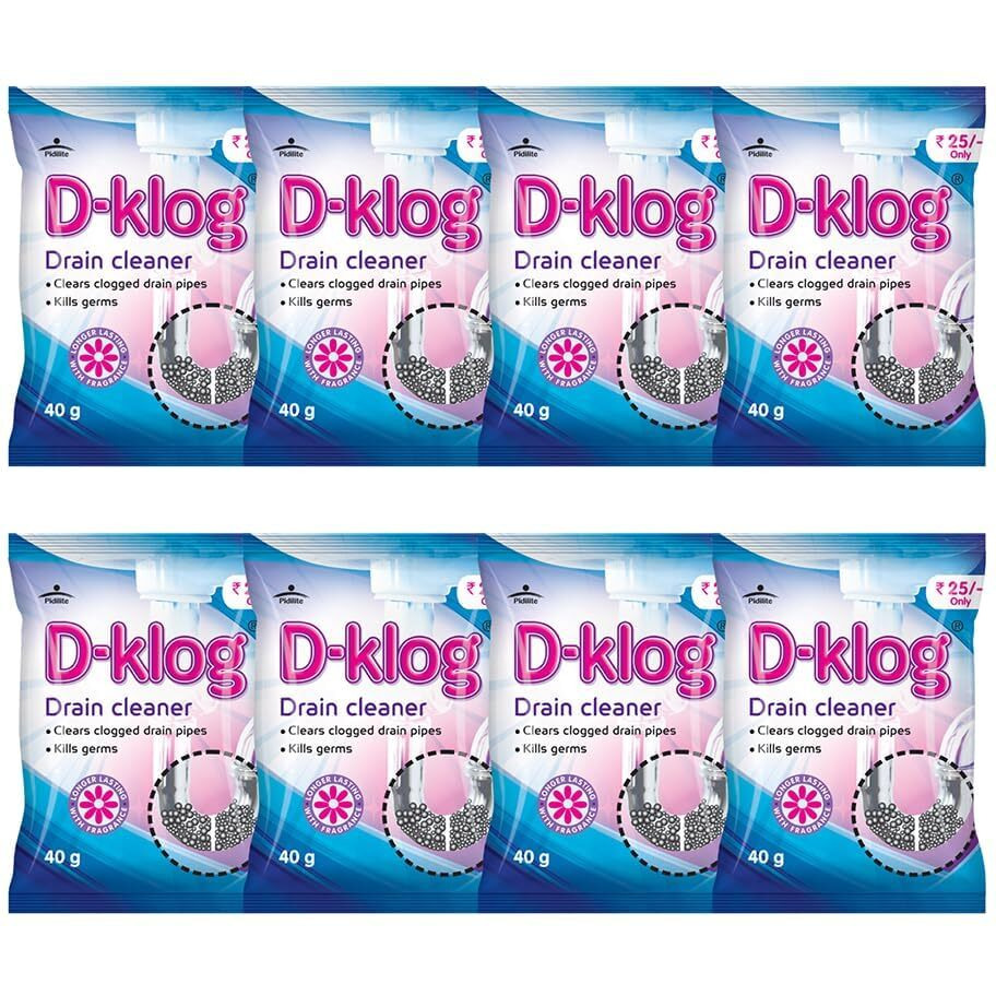 D-Klog Drain Cleaner Powder (40G X 8 Units), Removes Clogs, Blockages In Washbasin, Septic Tank, Sinks, Pipes Within 30 Mins.Drain Expert | Sink Cleaner| Toilet Cleaner | No Manual Hassle Required