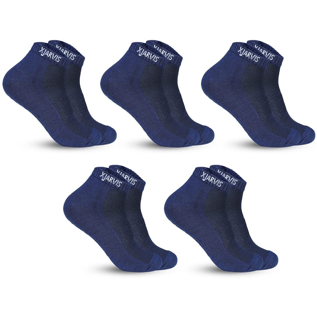 Xjarvis Ankle Length Socks For Men & Women, Half Terry Cotton, Anti-Odor, Moisture-Wicking, Breathable Unisex Socks, Solid Navy Color, Ideal For Running, Gym, Casual & Formal Wear, Pack 5, Free Size