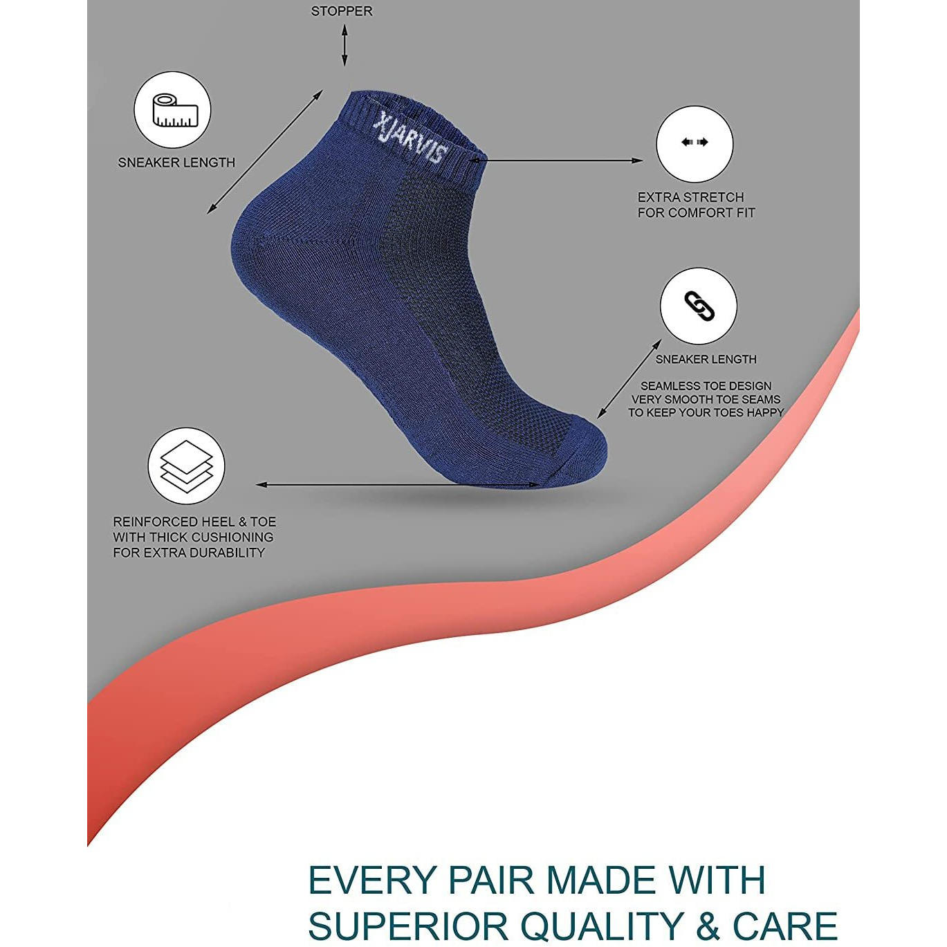 Xjarvis Ankle Length Socks For Men & Women, Half Terry Cotton, Anti-Odor, Moisture-Wicking, Breathable Unisex Socks, Solid Navy Color, Ideal For Running, Gym, Casual & Formal Wear, Pack 5, Free Size