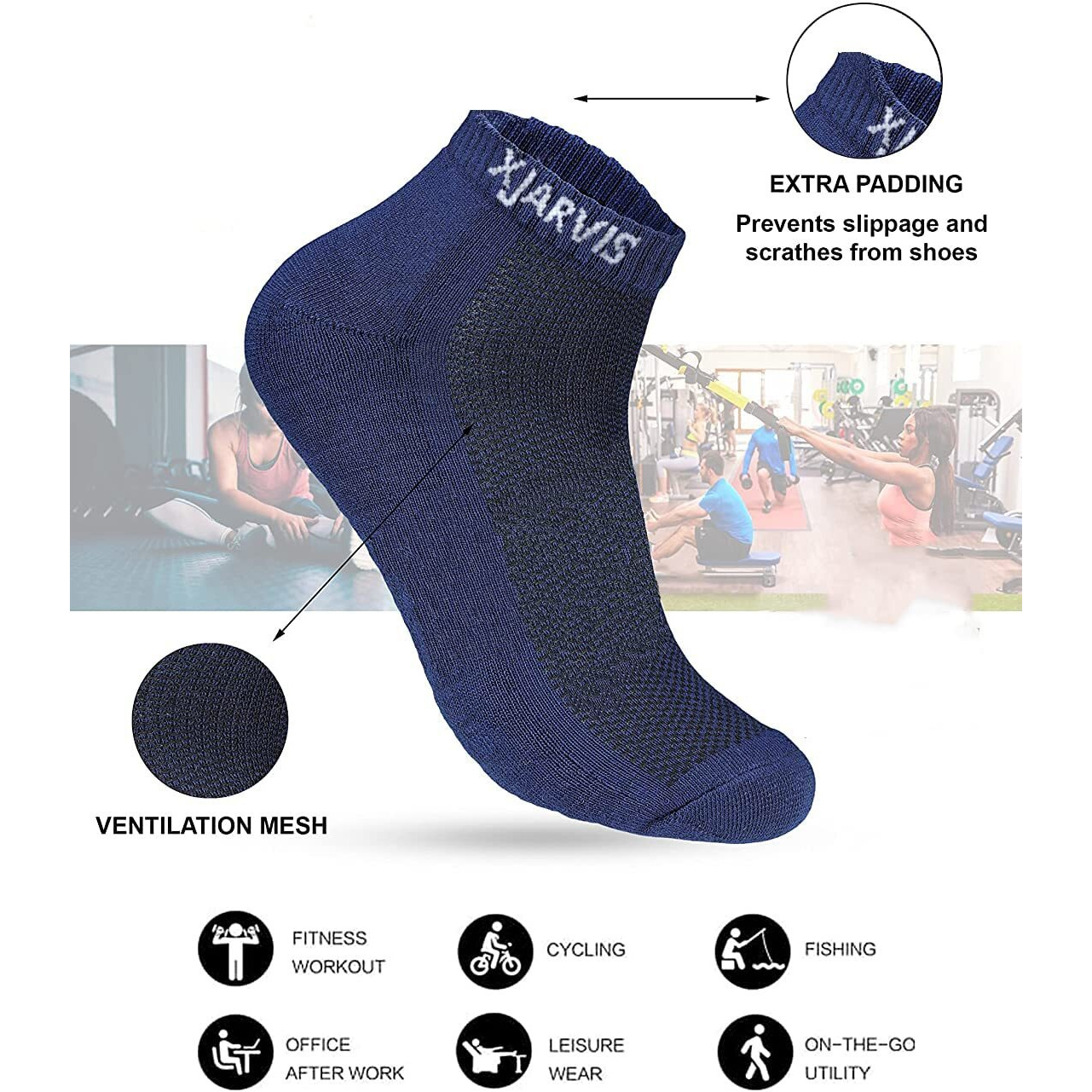 Xjarvis Ankle Length Socks For Men & Women, Half Terry Cotton, Anti-Odor, Moisture-Wicking, Breathable Unisex Socks, Solid Navy Color, Ideal For Running, Gym, Casual & Formal Wear, Pack 5, Free Size