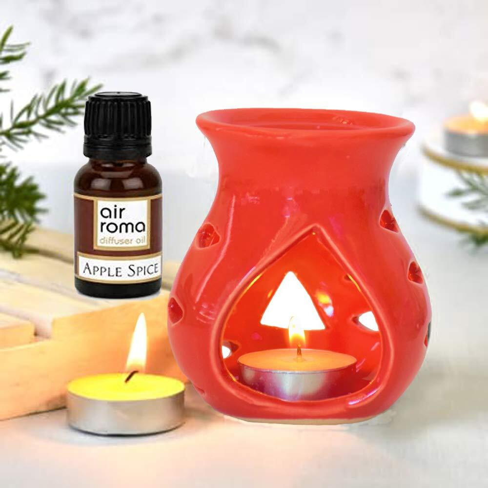 Air-Roma Ceramic Aroma Red Diffuser Burner With 10Ml Apple Spice Oil & 2 Pcs Candles